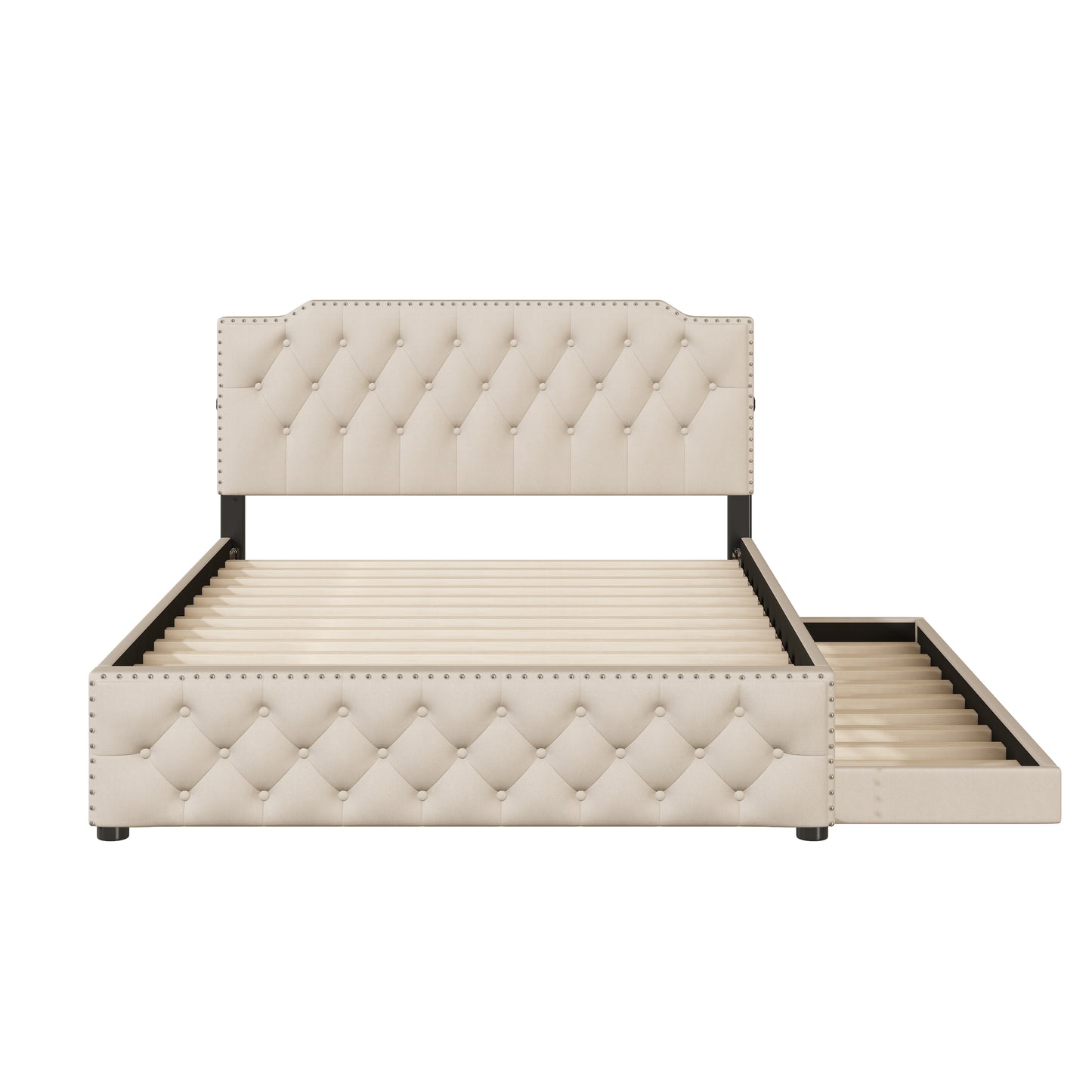 Queen Size Upholstered Platform Bed with Twin Size Trundle and 2 sets of USB Ports on each side, Linen Fabric, Beige