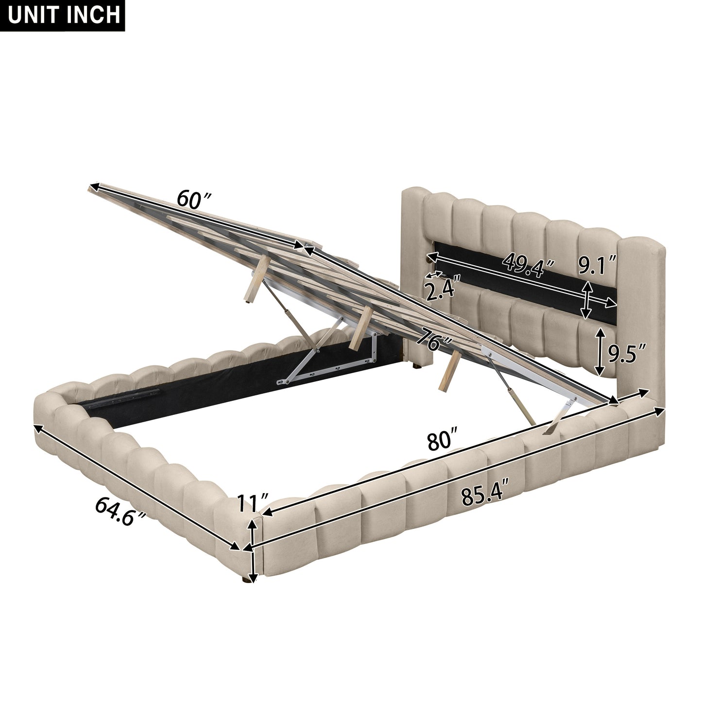 （缺货，同款深灰色有货）Queen Size Upholstered Platform Bed with LED Headboard and USB, Beige