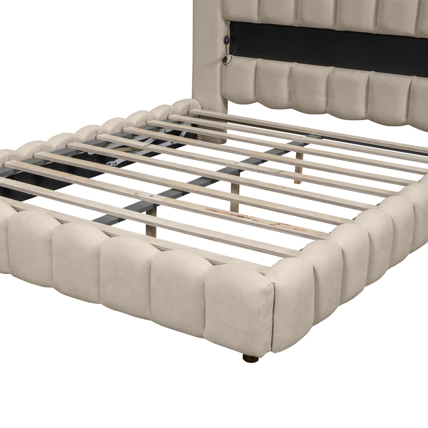 （缺货，同款深灰色有货）Queen Size Upholstered Platform Bed with LED Headboard and USB, Beige