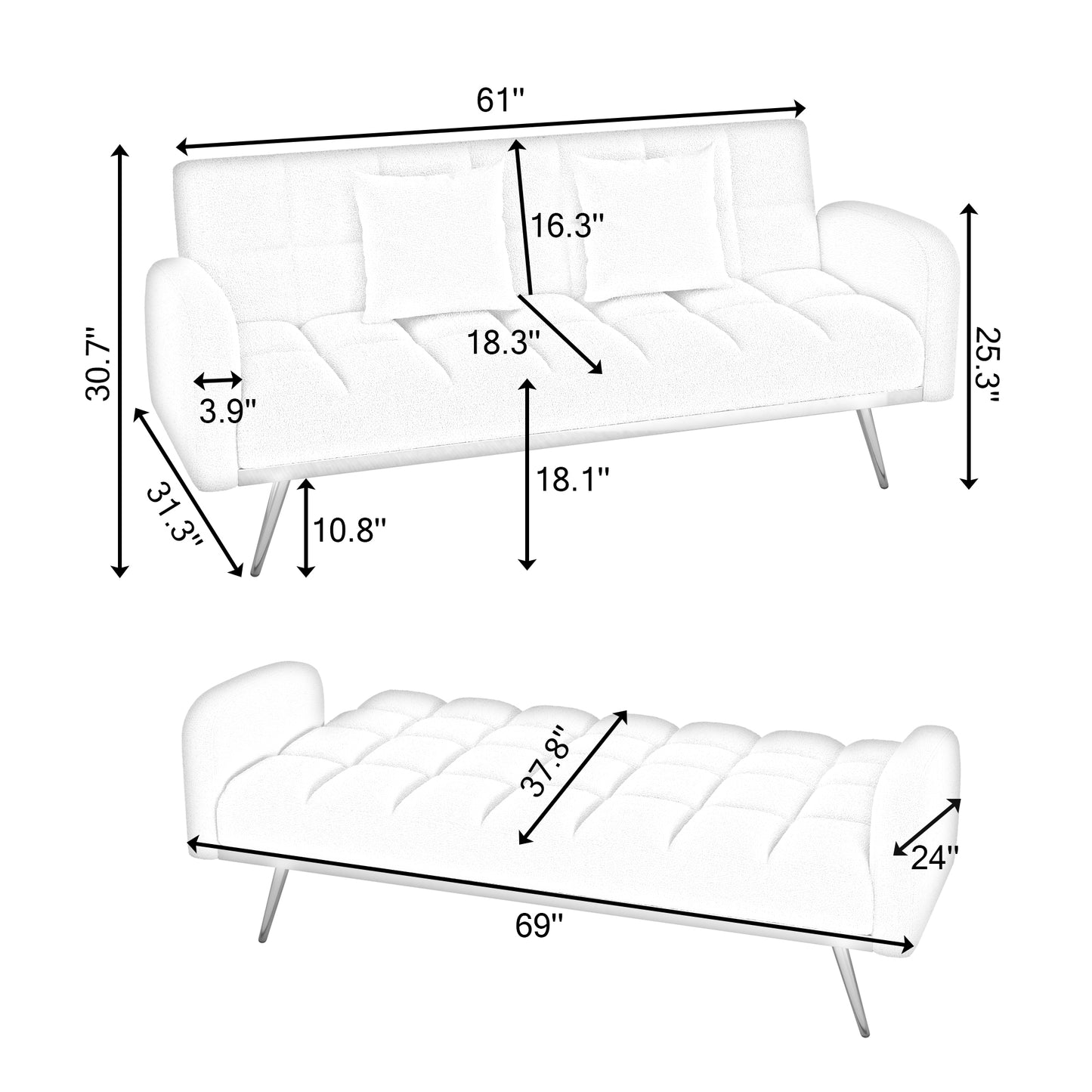 69-inch grey sofa bed with adjustable sofa teddy fleece 2 throw pillows