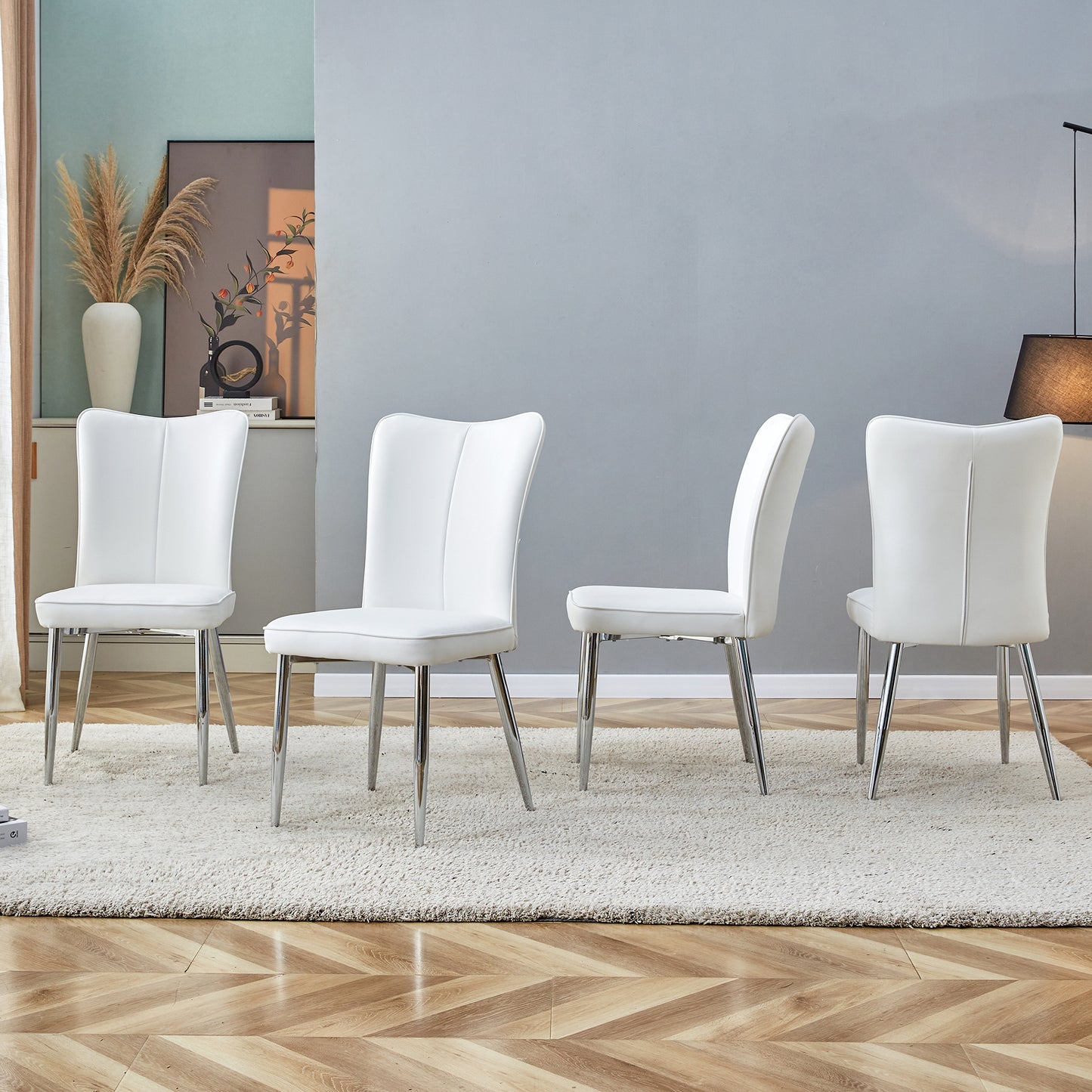 Modern minimalist dining chairs, office chairs. 4-piece set of white PU seats with silver metal legs. Suitable for restaurants, living rooms, and offices. C-008