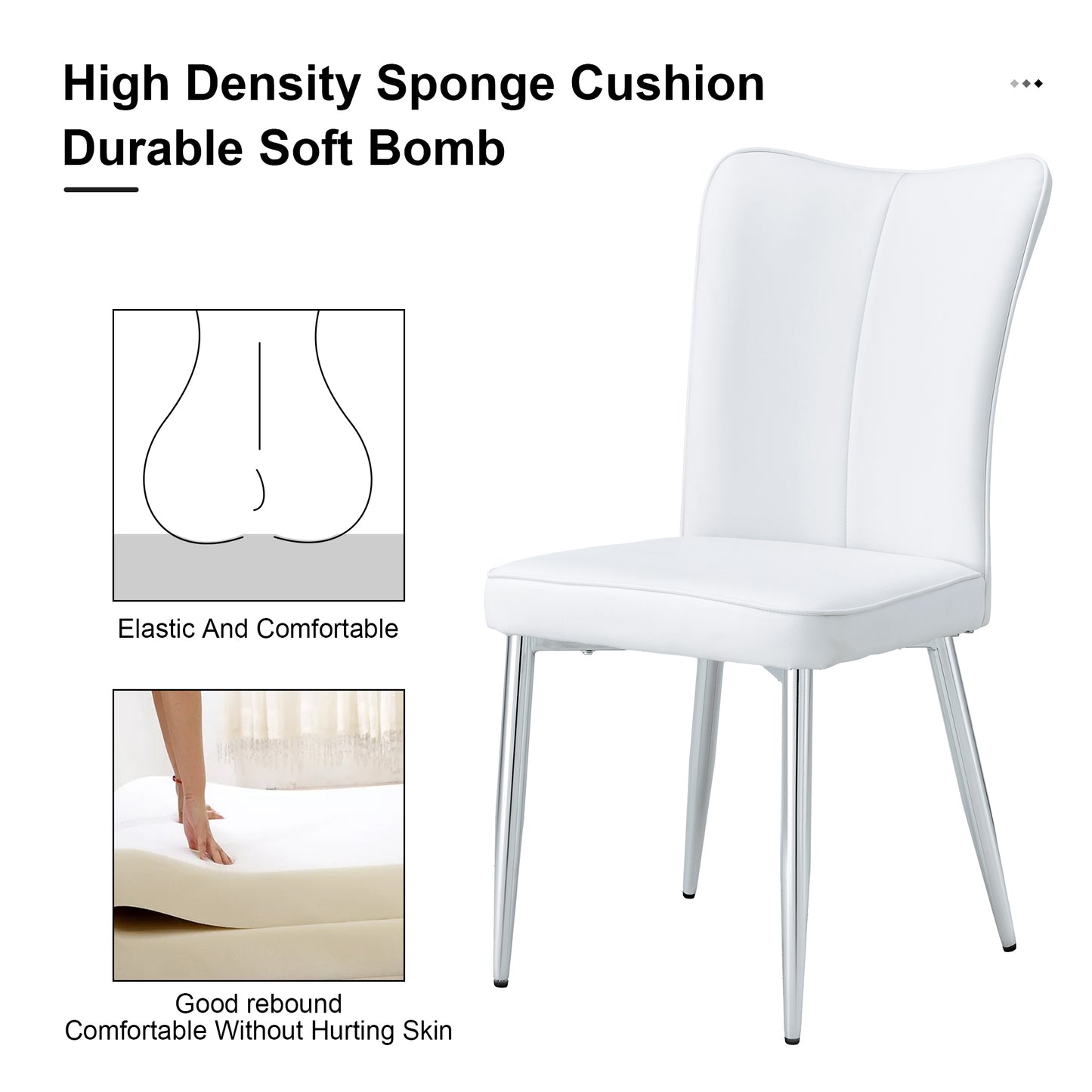 Modern minimalist dining chairs, office chairs. 4-piece set of white PU seats with silver metal legs. Suitable for restaurants, living rooms, and offices. C-008