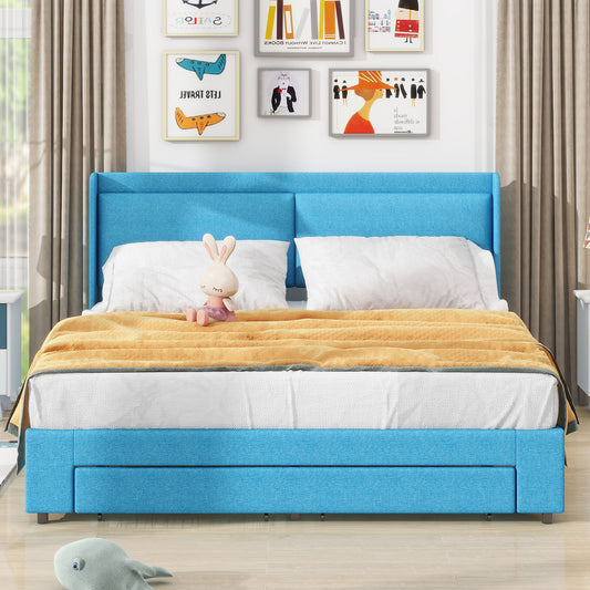 Queen Size Storage Upholstered Hydraulic Platform Bed with 2 Drawers, Blue