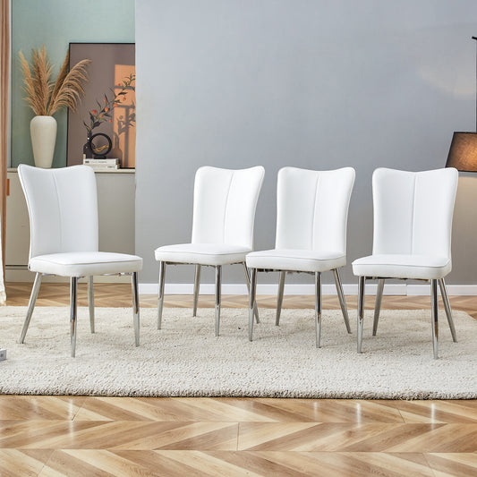 Modern minimalist dining chairs, office chairs. 4-piece set of white PU seats with silver metal legs. Suitable for restaurants, living rooms, and offices. C-008