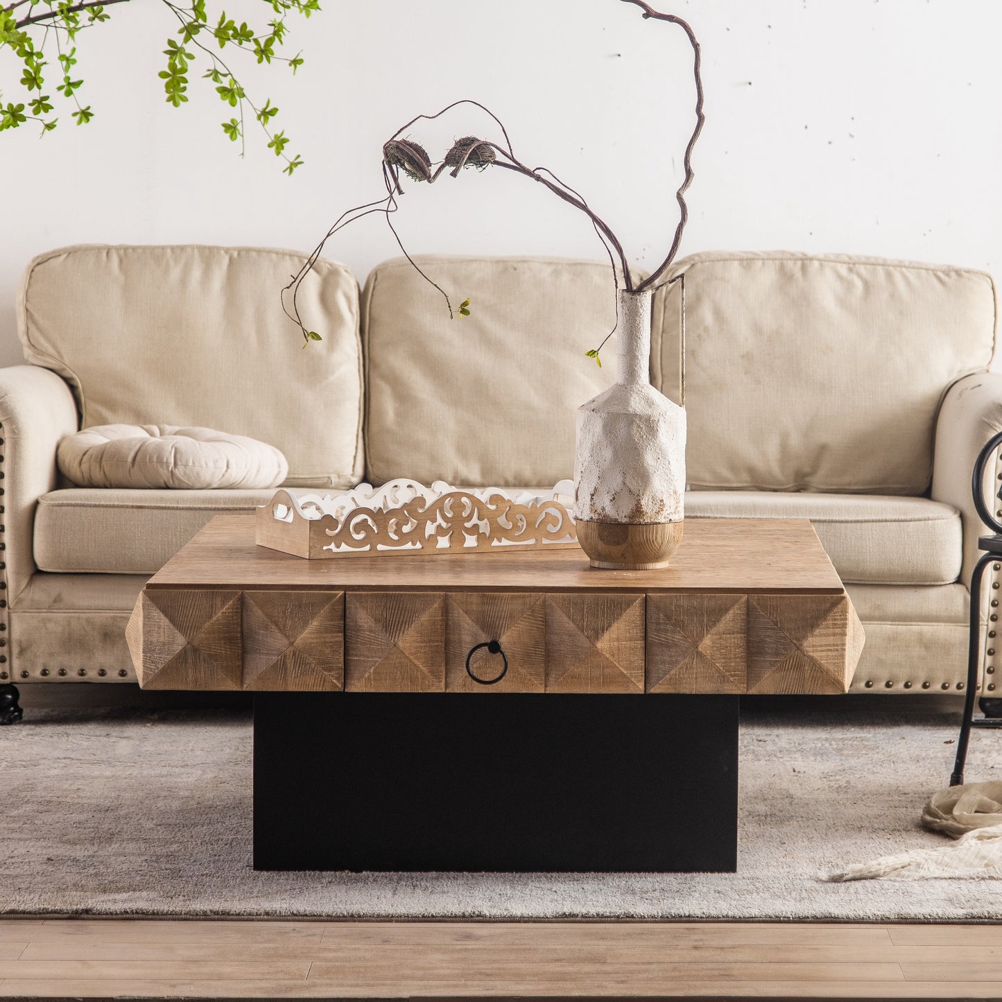 41.73"Three-dimensional Embossed Pattern Square Retro Coffee Table with 2 Drawers and MDF Base