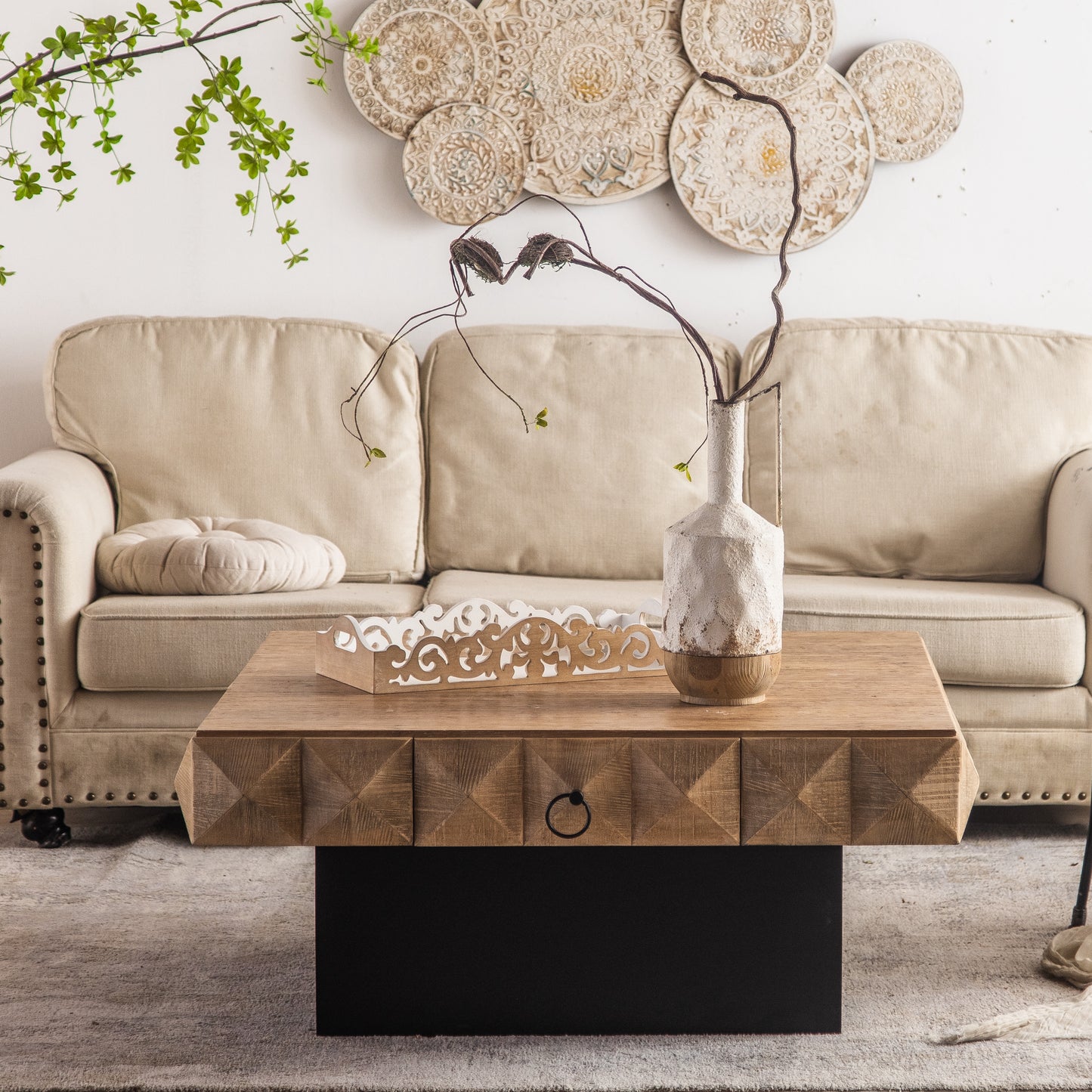 41.73"Three-dimensional Embossed Pattern Square Retro Coffee Table with 2 Drawers and MDF Base