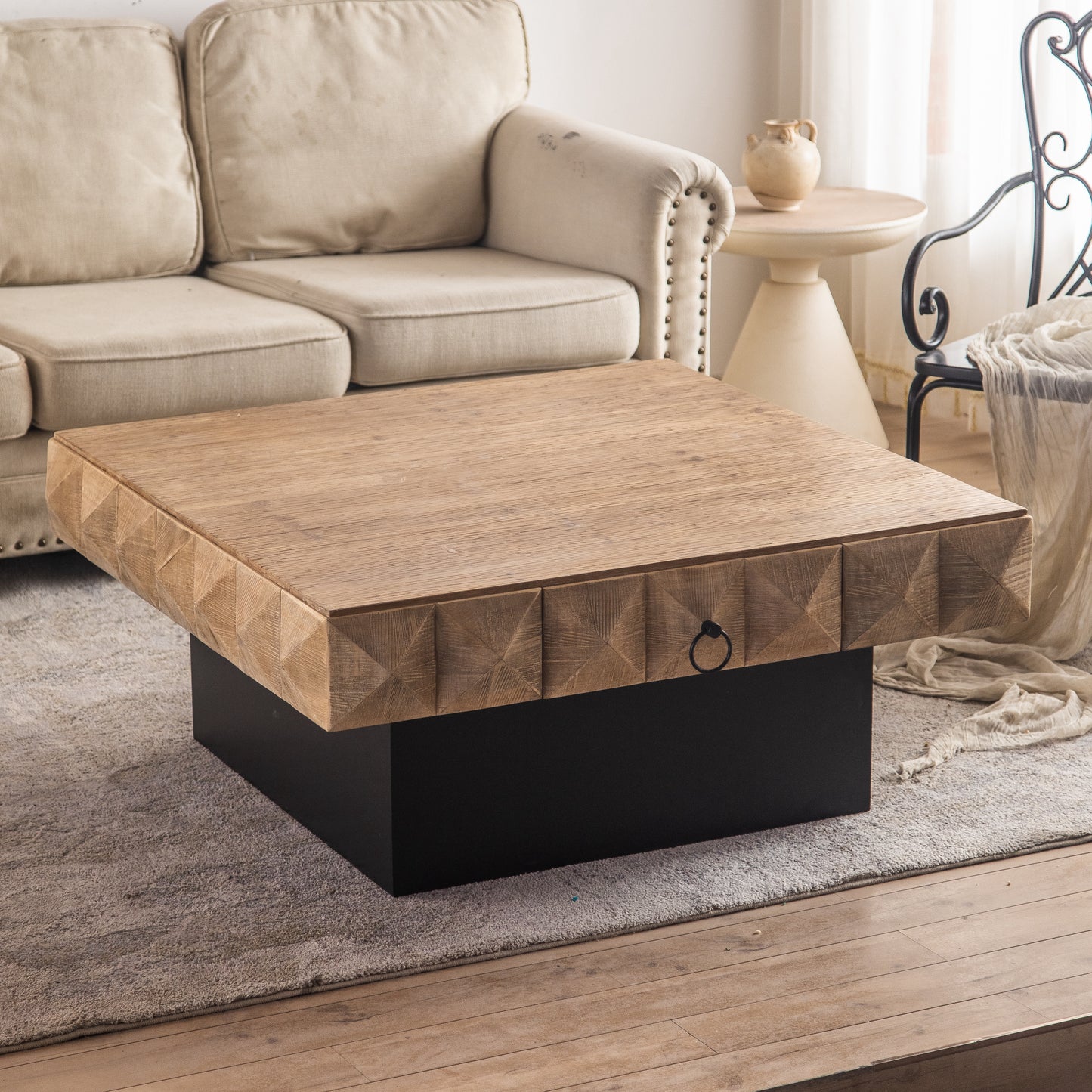 41.73"Three-dimensional Embossed Pattern Square Retro Coffee Table with 2 Drawers and MDF Base