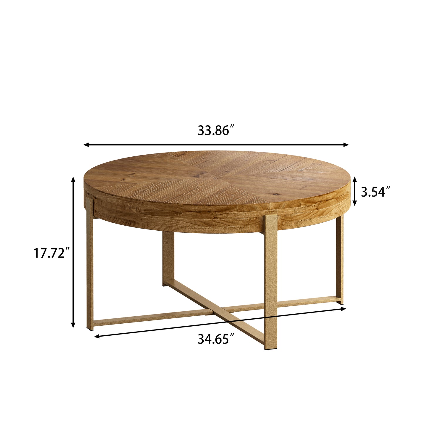 33.86"Modern Retro Splicing Round Coffee Table,Fir Wood Table Top with Gold Cross Legs Base