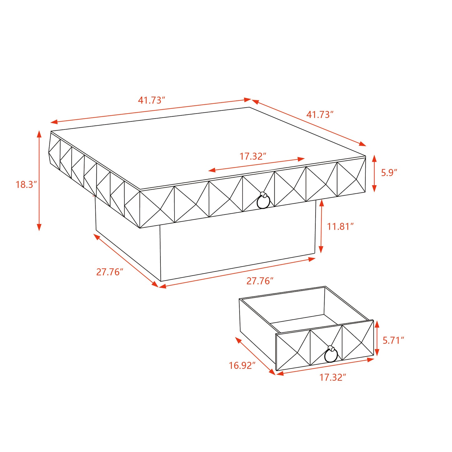 41.73"Three-dimensional Embossed Pattern Square Retro Coffee Table with 2 Drawers and MDF Base