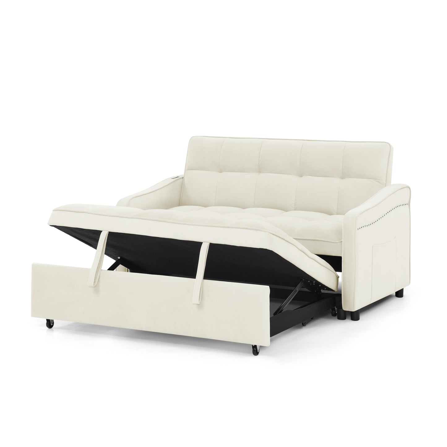 （预计1.1-1.8到货）Loveseats Sofa Bed with Pull-out Bed,Adjsutable Back and Two Arm Pocket,TypeC and USB Charging with Copper nail,Beige (47"x53"x31")