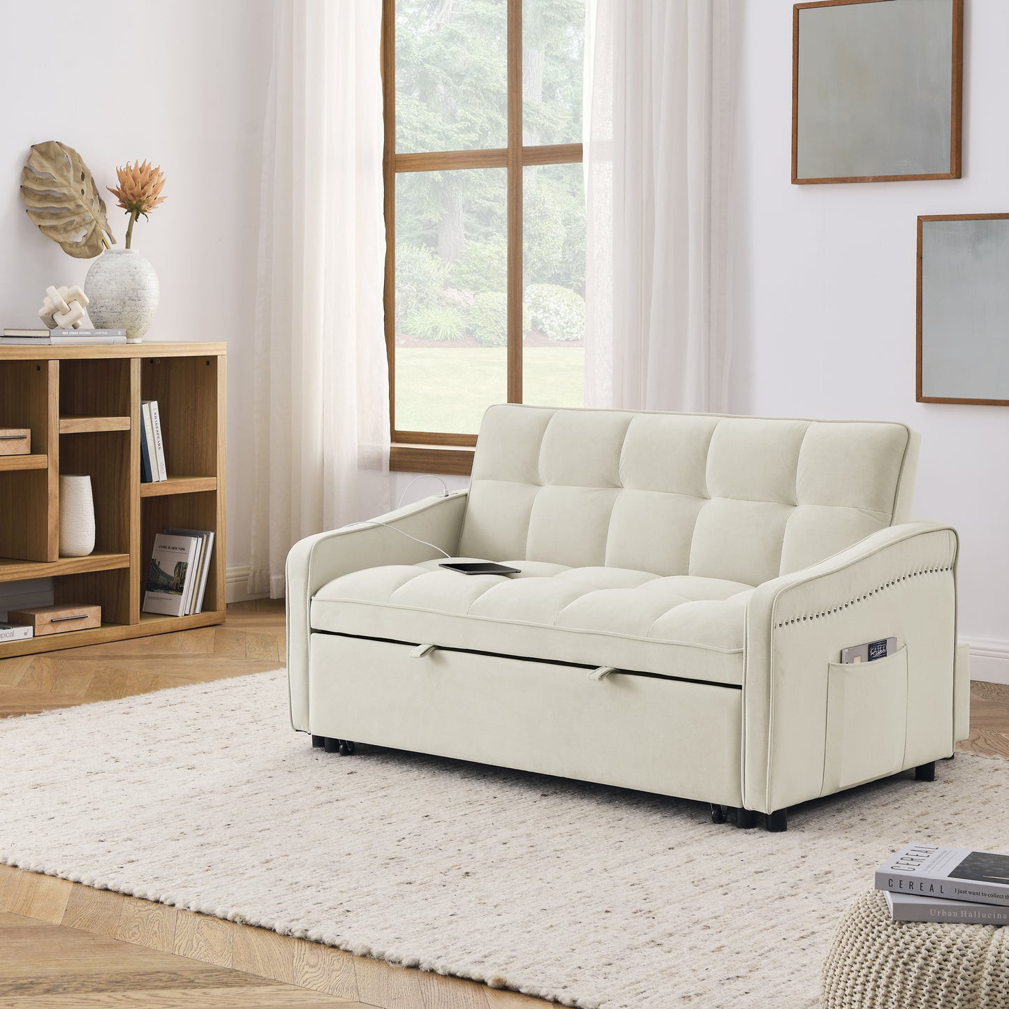 （预计1.1-1.8到货）Loveseats Sofa Bed with Pull-out Bed,Adjsutable Back and Two Arm Pocket,TypeC and USB Charging with Copper nail,Beige (47"x53"x31")