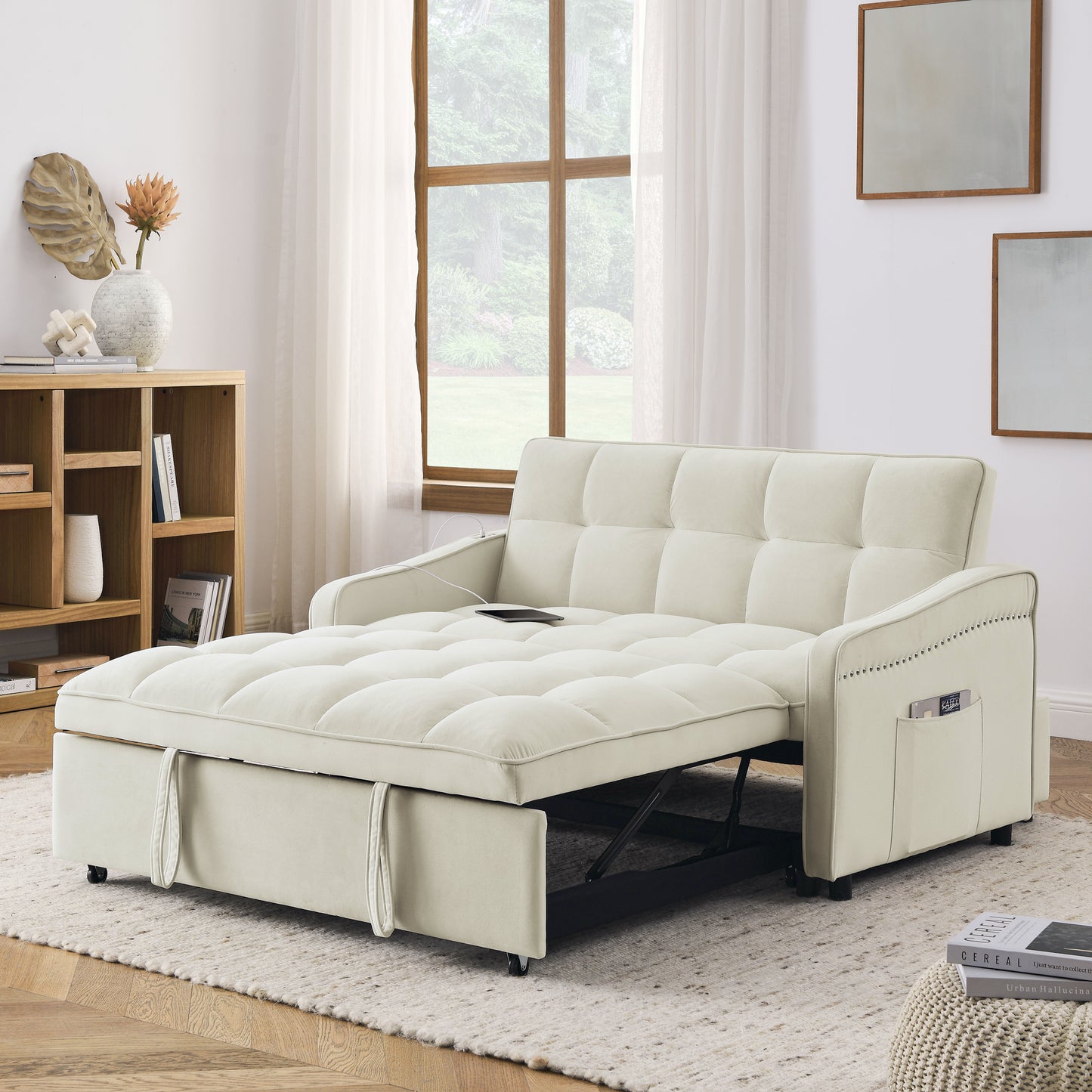 （预计1.1-1.8到货）Loveseats Sofa Bed with Pull-out Bed,Adjsutable Back and Two Arm Pocket,TypeC and USB Charging with Copper nail,Beige (47"x53"x31")