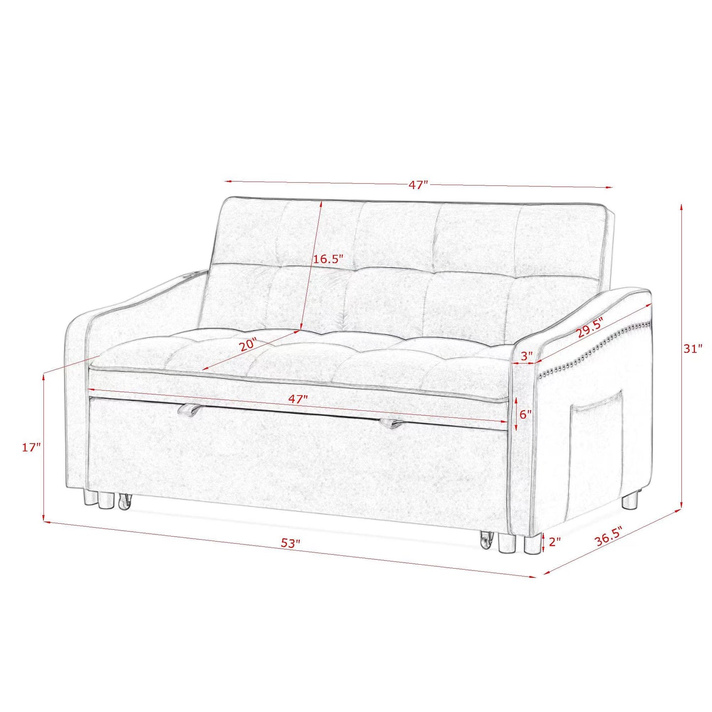 （预计1.1-1.8到货）Loveseats Sofa Bed with Pull-out Bed,Adjsutable Back and Two Arm Pocket,TypeC and USB Charging with Copper nail,Beige (47"x53"x31")