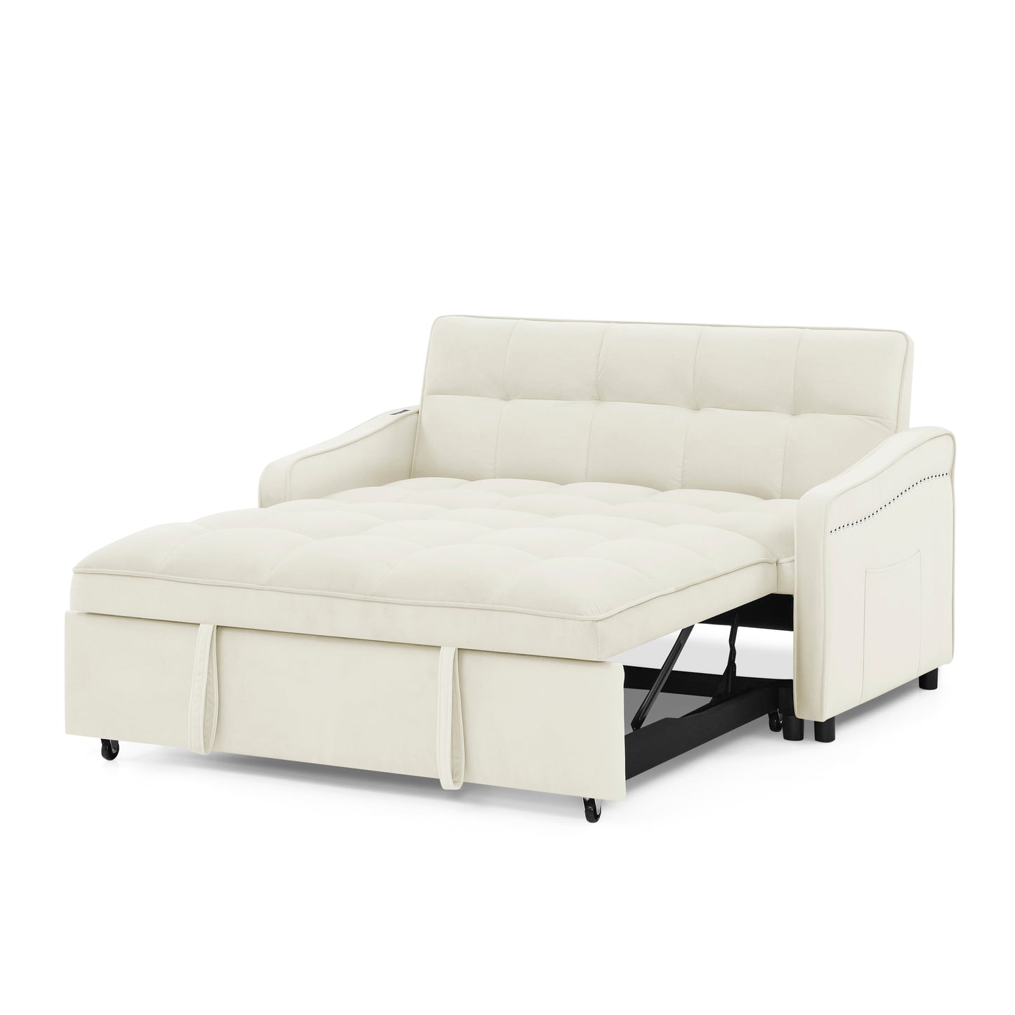 （预计1.1-1.8到货）Loveseats Sofa Bed with Pull-out Bed,Adjsutable Back and Two Arm Pocket,TypeC and USB Charging with Copper nail,Beige (47"x53"x31")