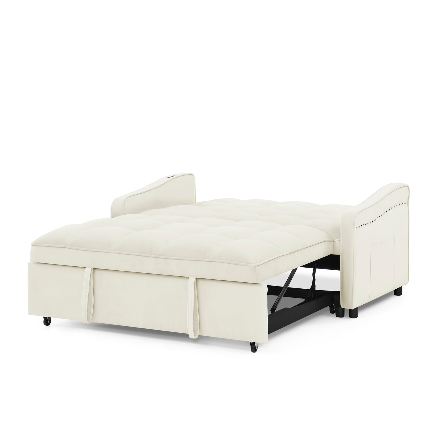 （预计1.1-1.8到货）Loveseats Sofa Bed with Pull-out Bed,Adjsutable Back and Two Arm Pocket,TypeC and USB Charging with Copper nail,Beige (47"x53"x31")