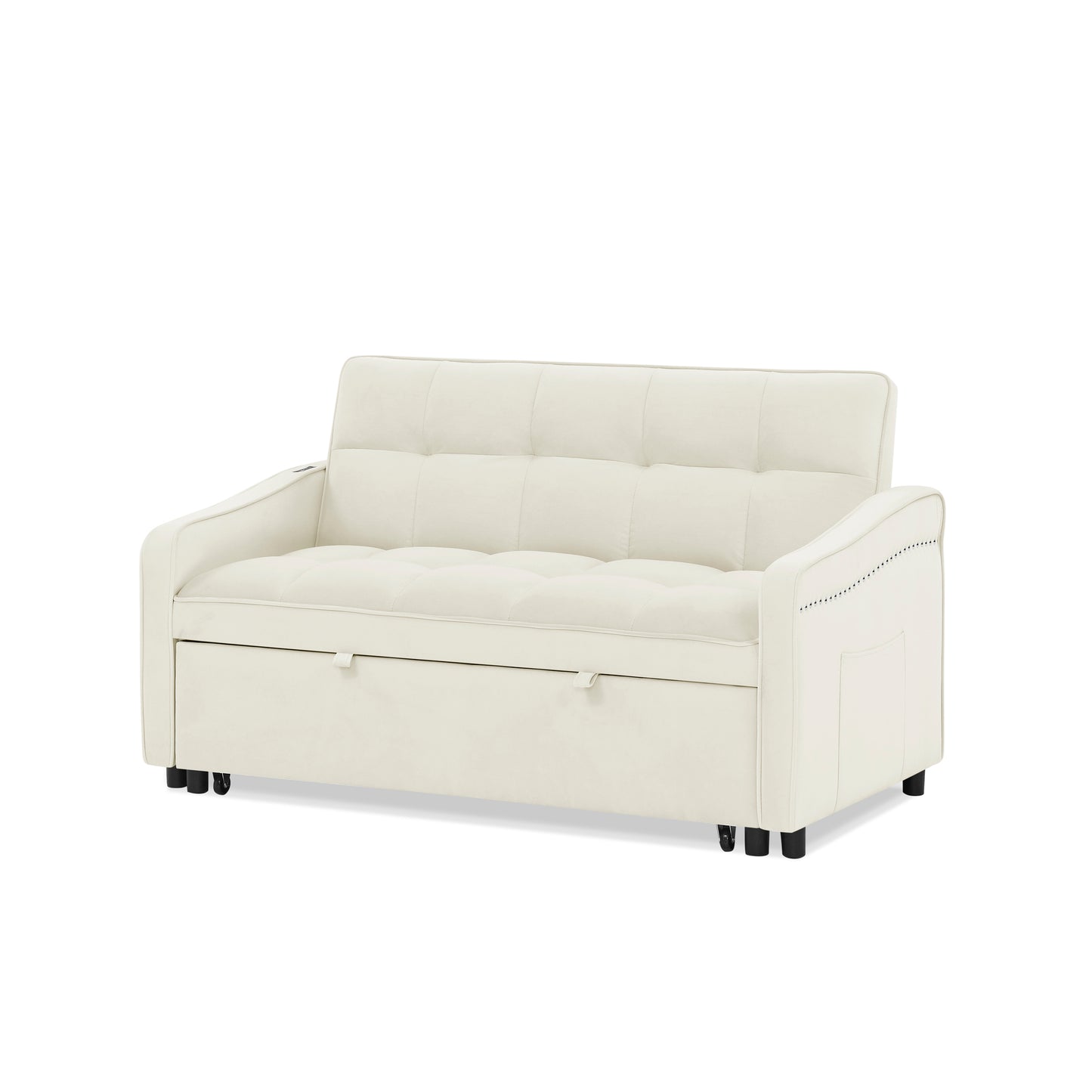 （预计1.1-1.8到货）Loveseats Sofa Bed with Pull-out Bed,Adjsutable Back and Two Arm Pocket,TypeC and USB Charging with Copper nail,Beige (47"x53"x31")