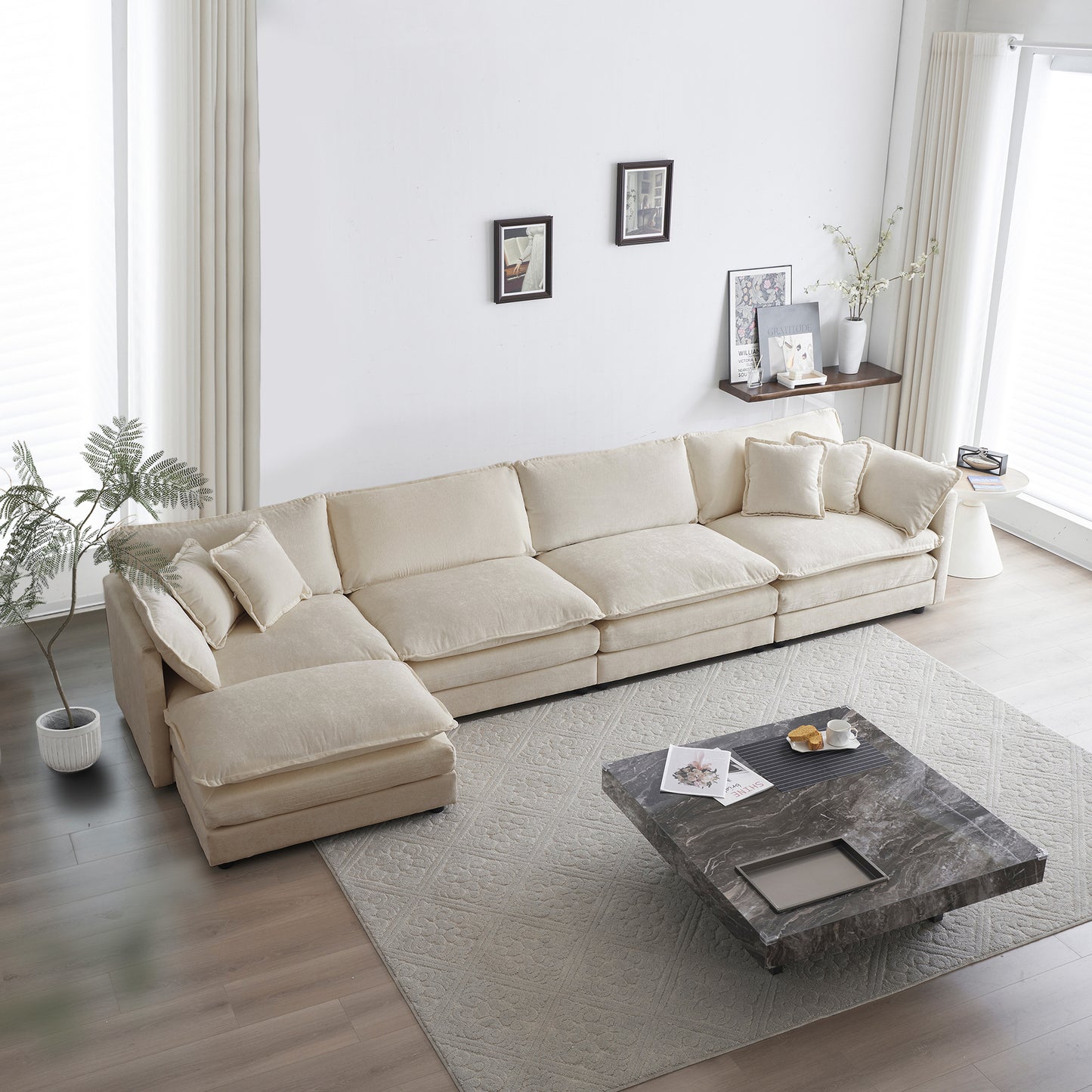 （最后2个库存，座位/搁脚凳数量可定制）Modular Sectional Sofa for Living Room,U Shaped Couch 5 Seater Convertible Sectional Couch with 1 Ottoman ,Beige Chenille