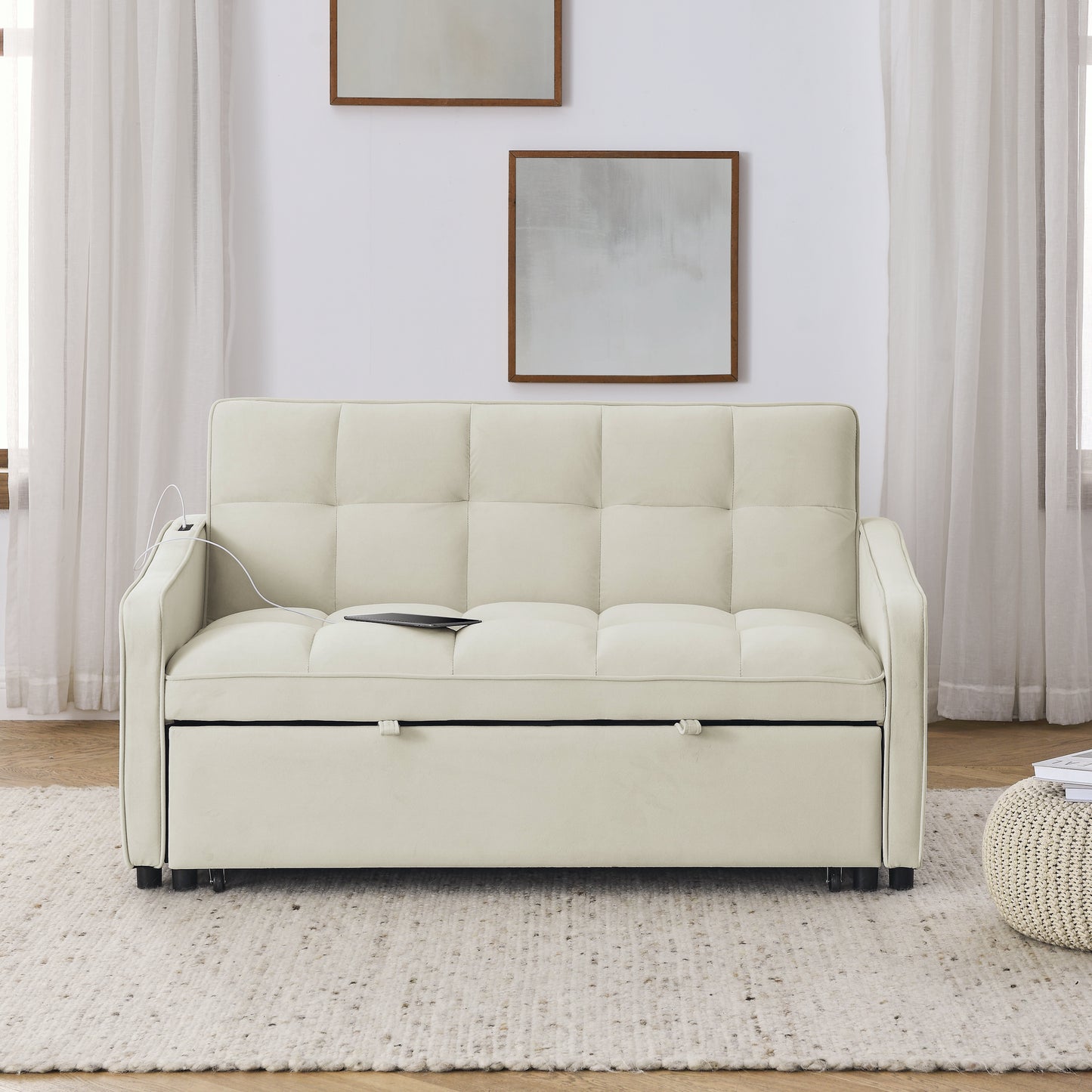 （预计1.1-1.8到货）Loveseats Sofa Bed with Pull-out Bed,Adjsutable Back and Two Arm Pocket,TypeC and USB Charging with Copper nail,Beige (47"x53"x31")