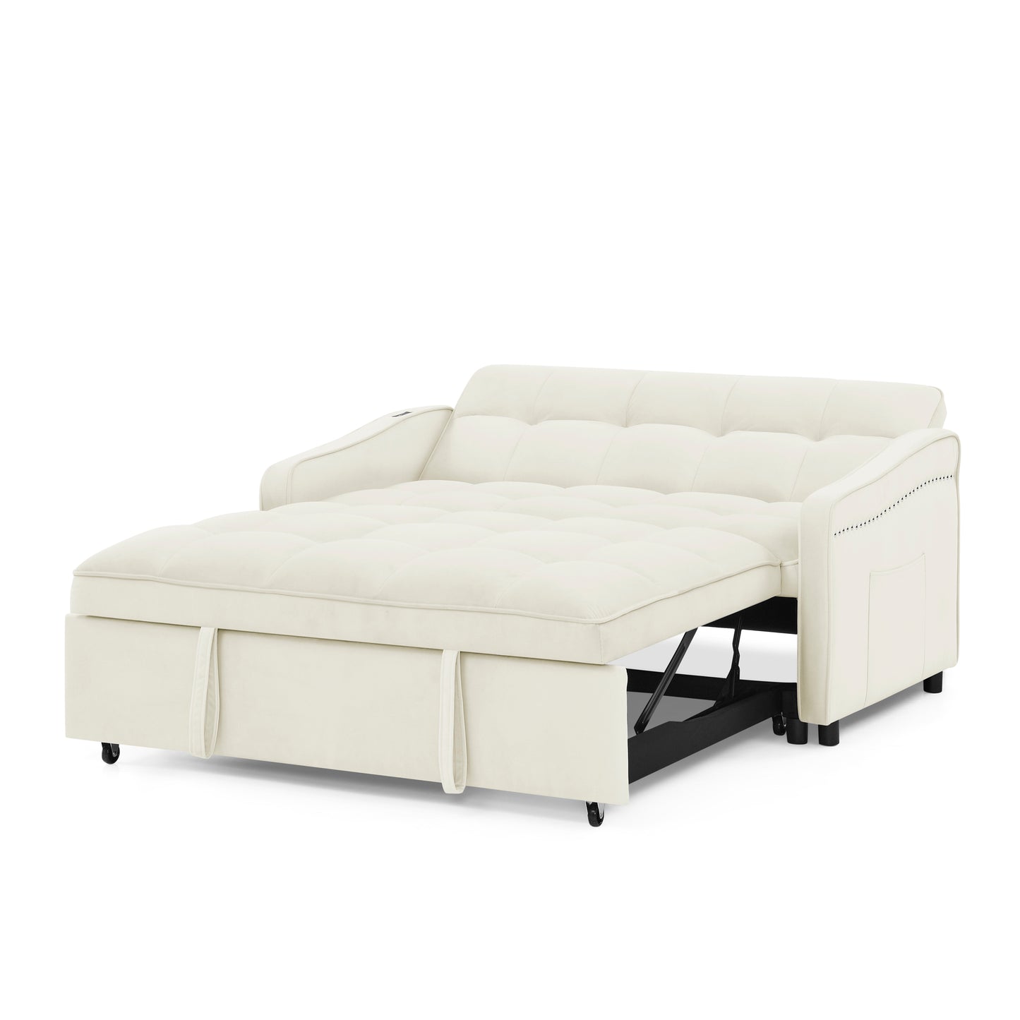 （预计1.1-1.8到货）Loveseats Sofa Bed with Pull-out Bed,Adjsutable Back and Two Arm Pocket,TypeC and USB Charging with Copper nail,Beige (47"x53"x31")