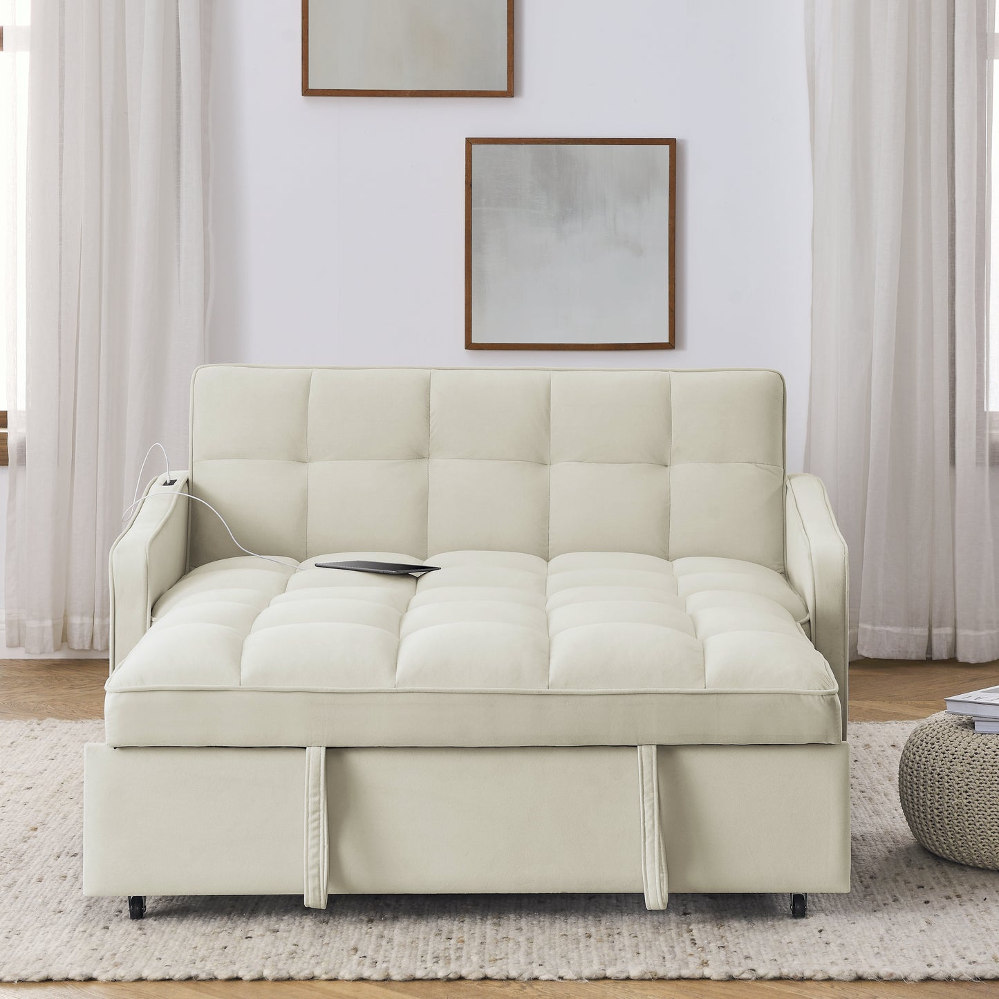 （预计1.1-1.8到货）Loveseats Sofa Bed with Pull-out Bed,Adjsutable Back and Two Arm Pocket,TypeC and USB Charging with Copper nail,Beige (47"x53"x31")