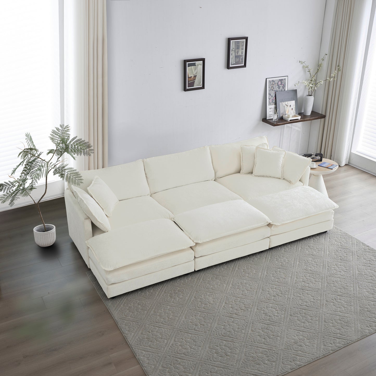 （座位/搁脚凳数量可定制）Comfortable Deep Seat Reversible Modular 6 Seater Sectional Super Soft Sofa U Shaped Sectional Couch with 3 Ottomans, 3 Toss Pillows and 2 Arm Pillows