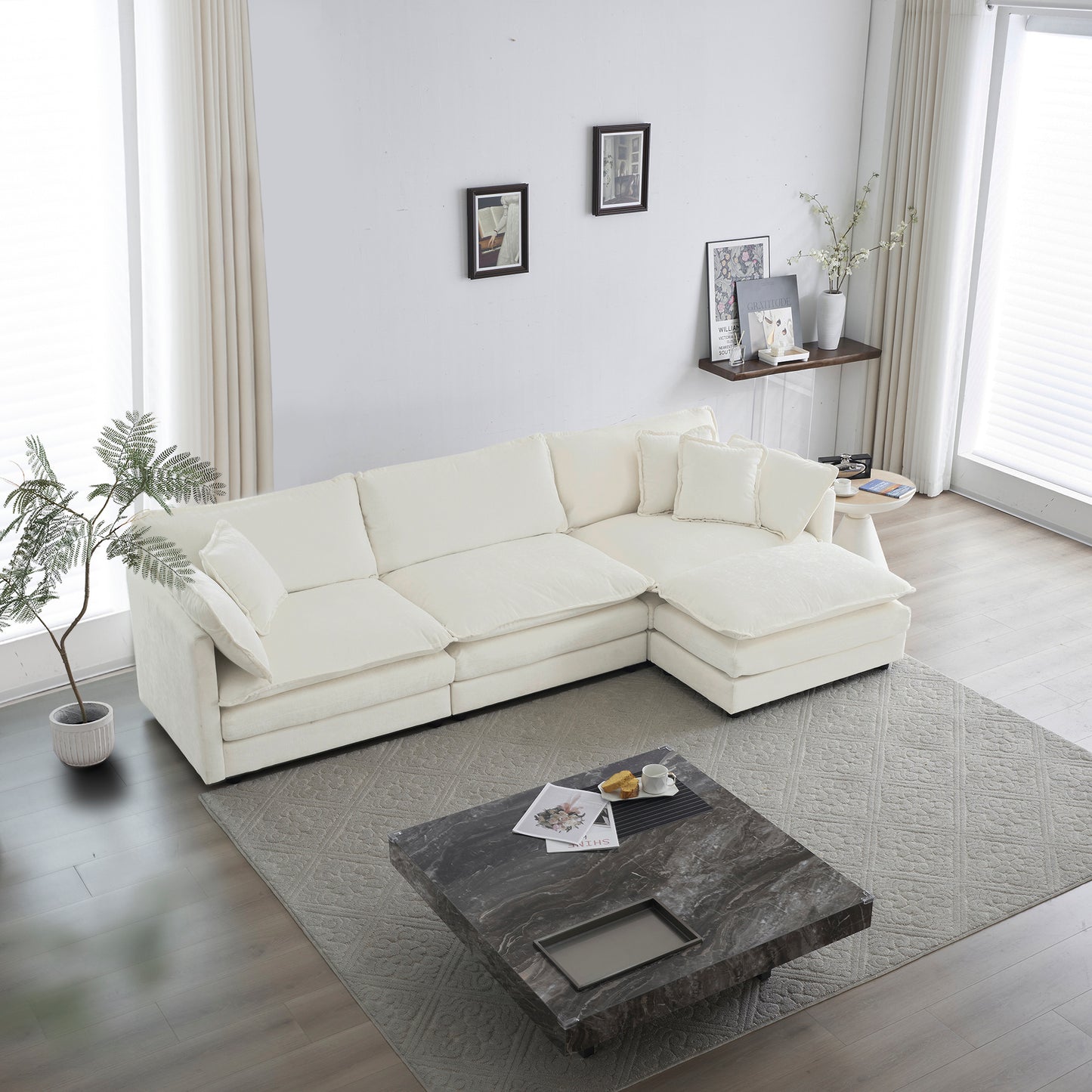 Free Combination Comfy Upholstery Modular Oversized L Shaped Sectional Sofa With Reversible Ottoman, White Chenille