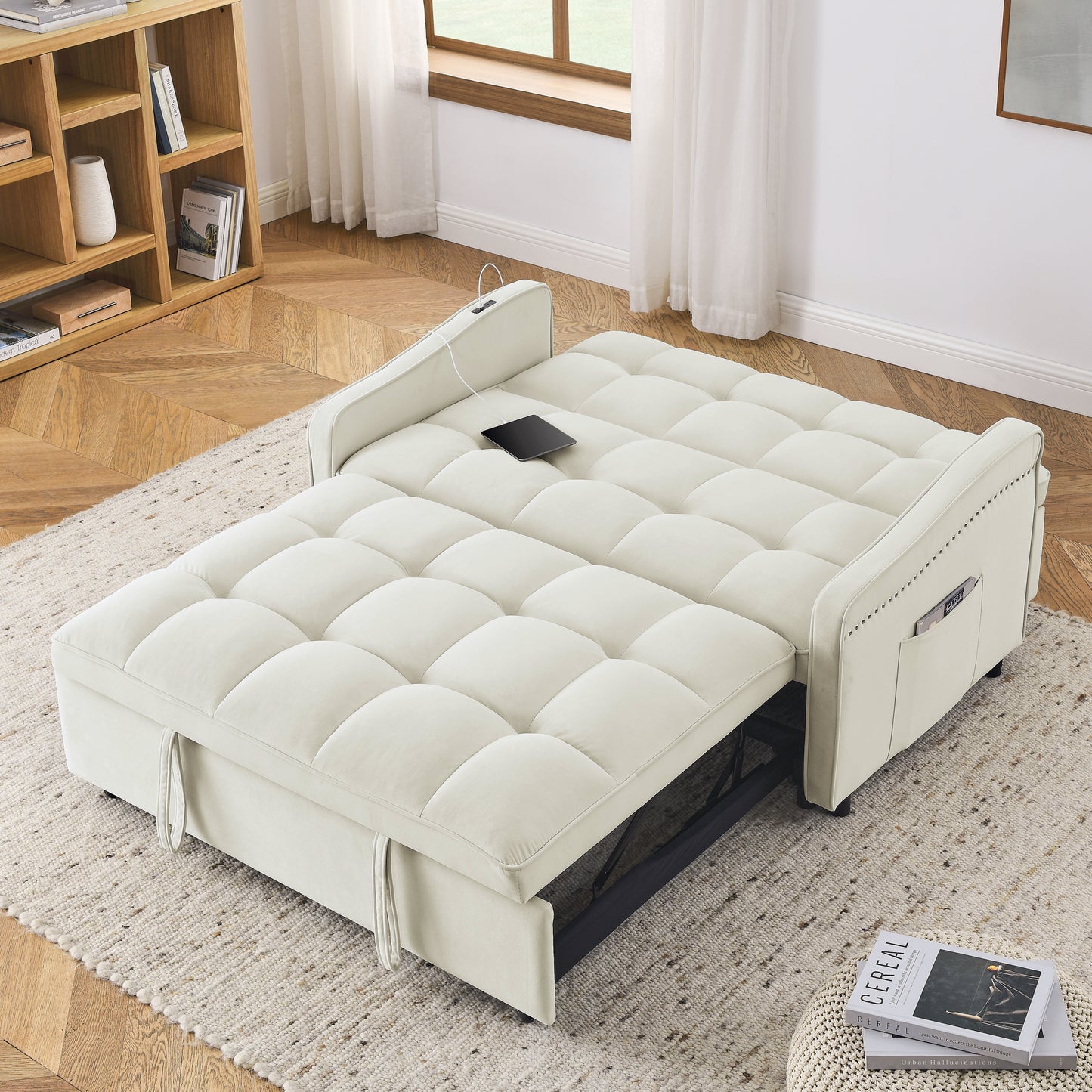 （预计1.1-1.8到货）Loveseats Sofa Bed with Pull-out Bed,Adjsutable Back and Two Arm Pocket,TypeC and USB Charging with Copper nail,Beige (47"x53"x31")