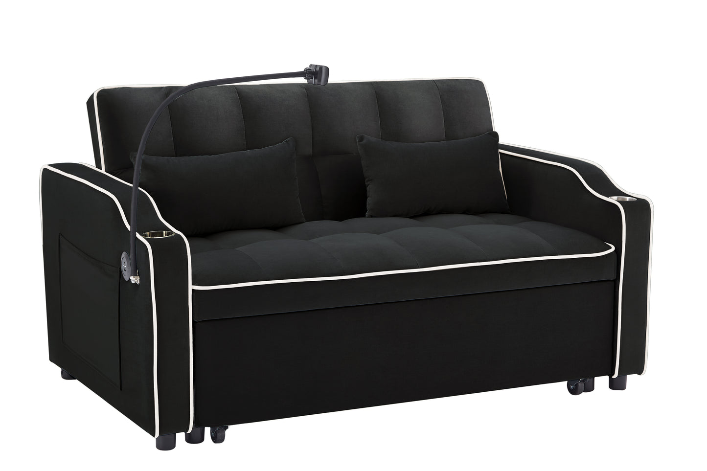 1 versatile foldable sofa bed in 3 lengths, modern sofa sofa sofa velvet pull-out bed, adjustable back and with USB port and ashtray and swivel phone stand (black)