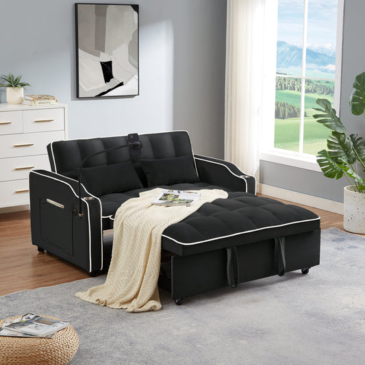 （预计9.2~9.9到货）1 versatile foldable sofa bed in 3 lengths, modern sofa sofa sofa velvet pull-out bed, adjustable back and with USB port and ashtray and swivel phone stand (black)