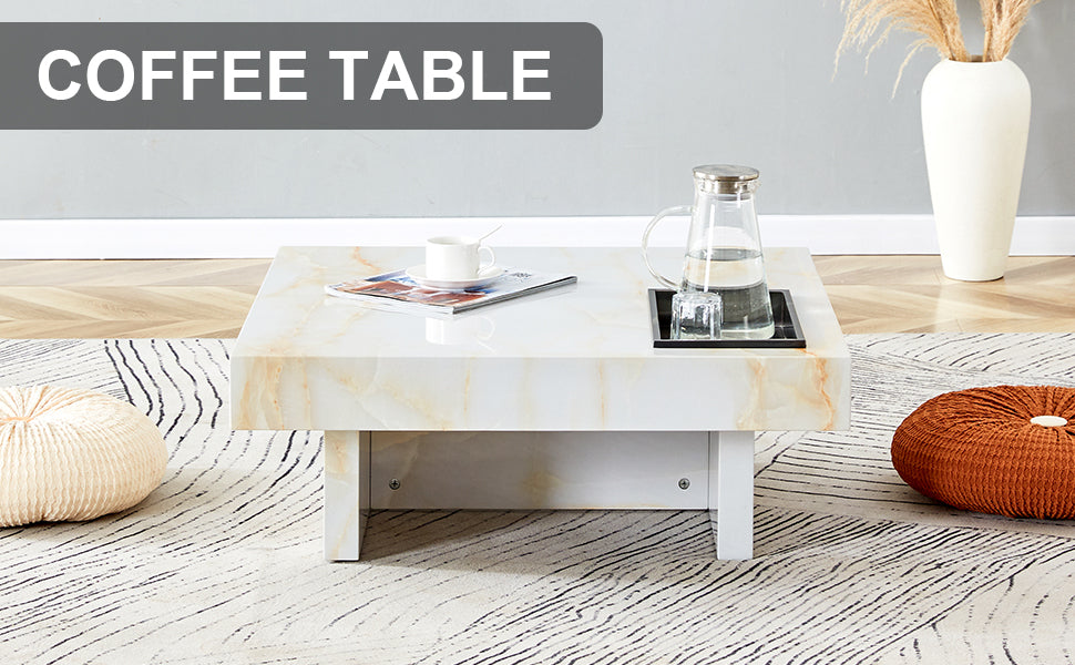 A modern and practical coffee table with imitation marble patterns, made of MDF material. The fusion of elegance and natural fashion 31.4"* 31.4"* 12 "