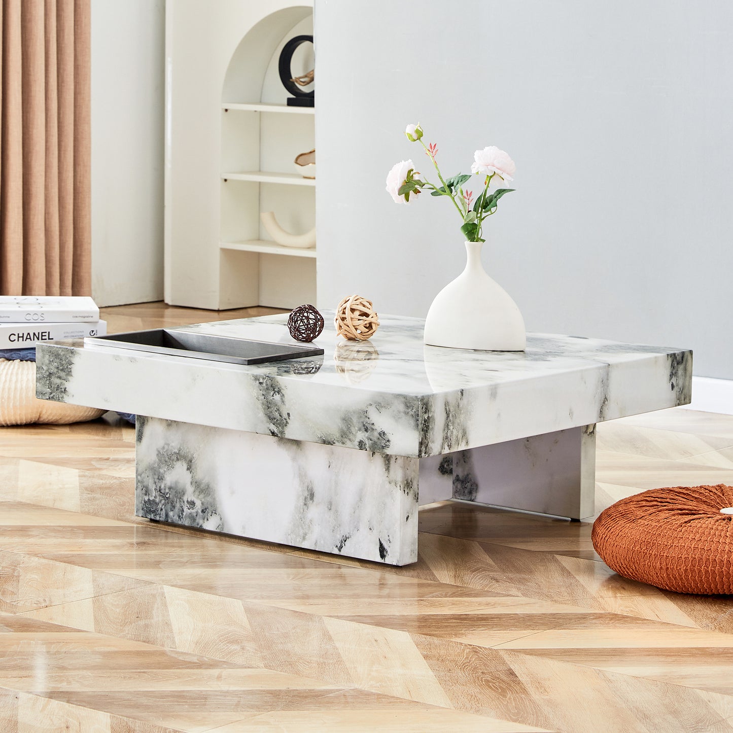 A modern and practical coffee table, black and white in imitation marble pattern, made of MDF material. The fusion of elegance and natural fashion 31.4"* 31.4"* 12 "