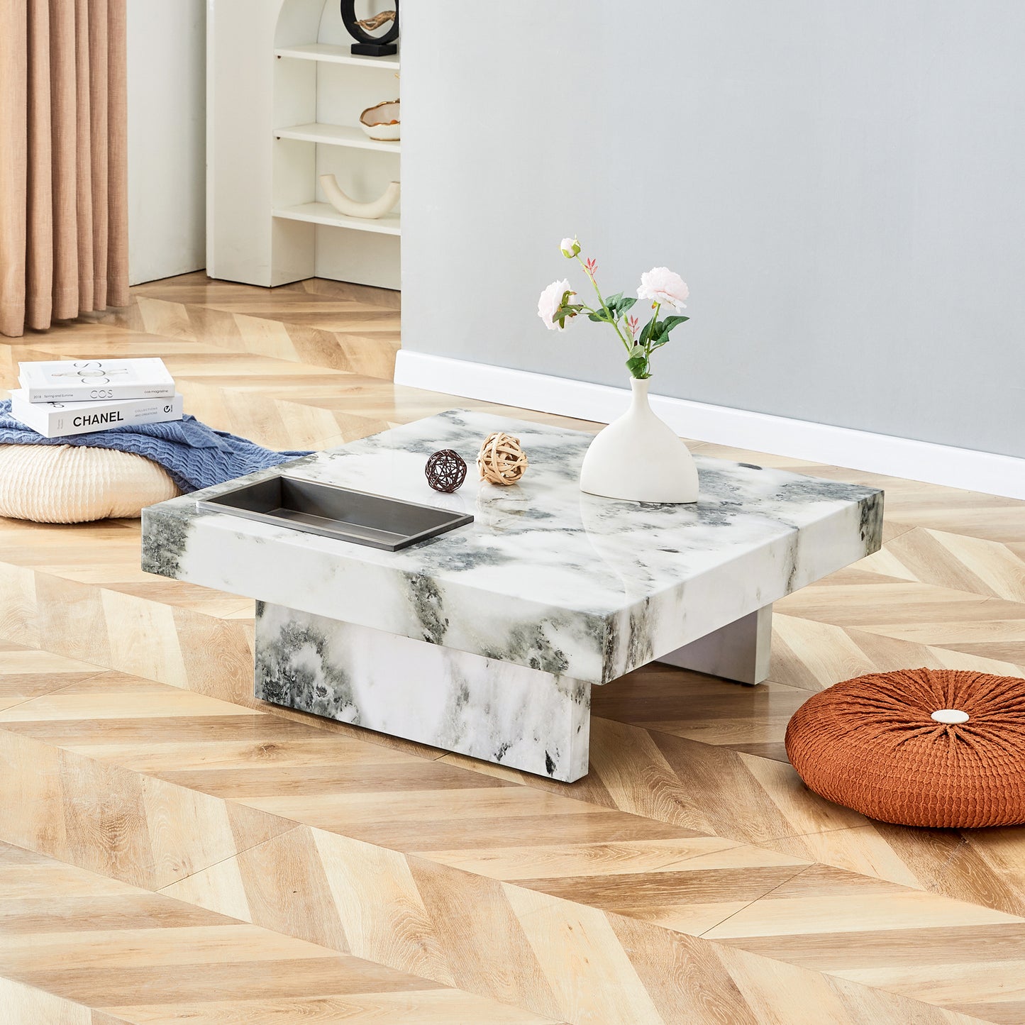 A modern and practical coffee table, black and white in imitation marble pattern, made of MDF material. The fusion of elegance and natural fashion 31.4"* 31.4"* 12 "