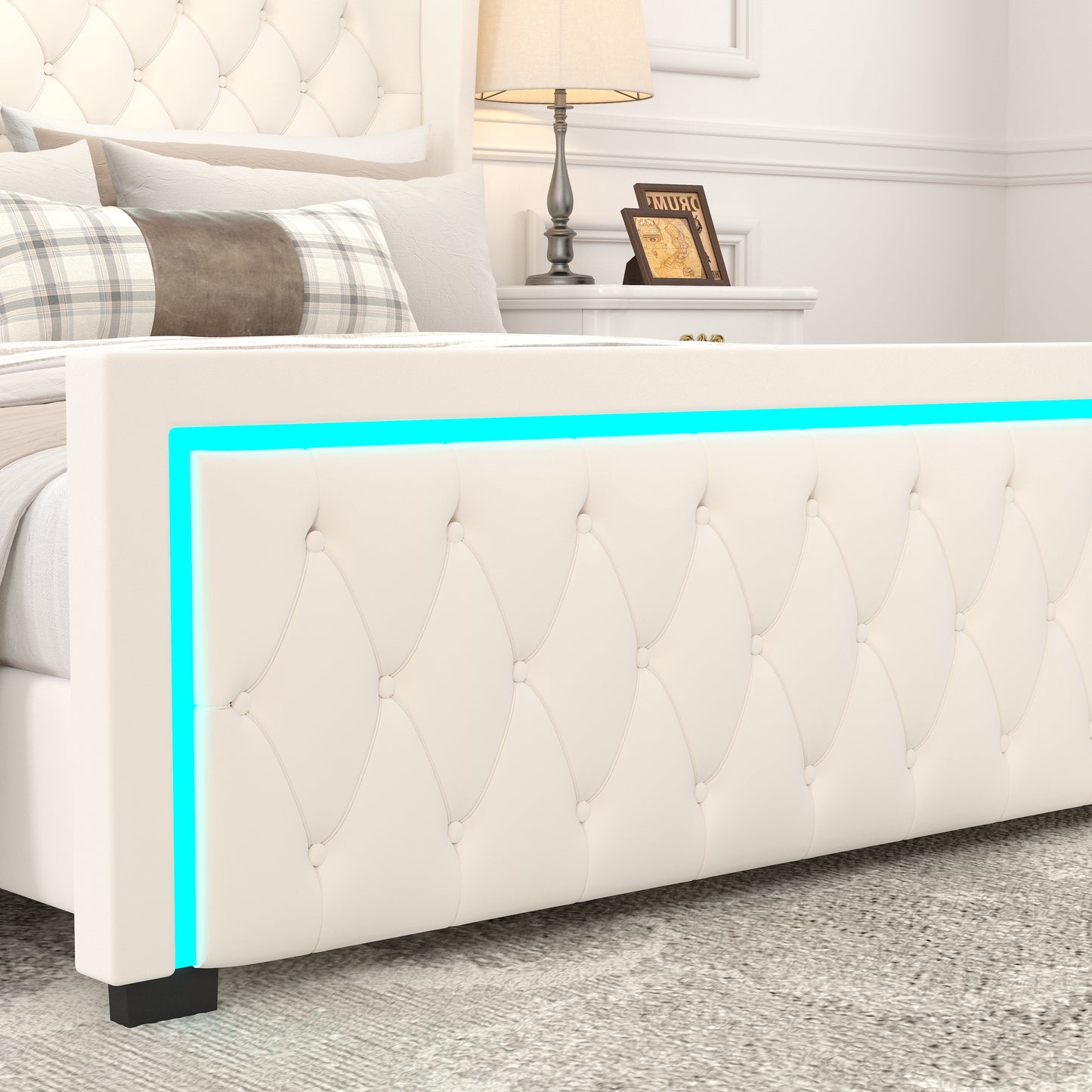 King Platform Bed Frame, Velvet Upholstered Bed with Deep Tufted Buttons, Adjustable Colorful Lighted Strip Decorative Headboard, Wide Wingbacks, BEIGE