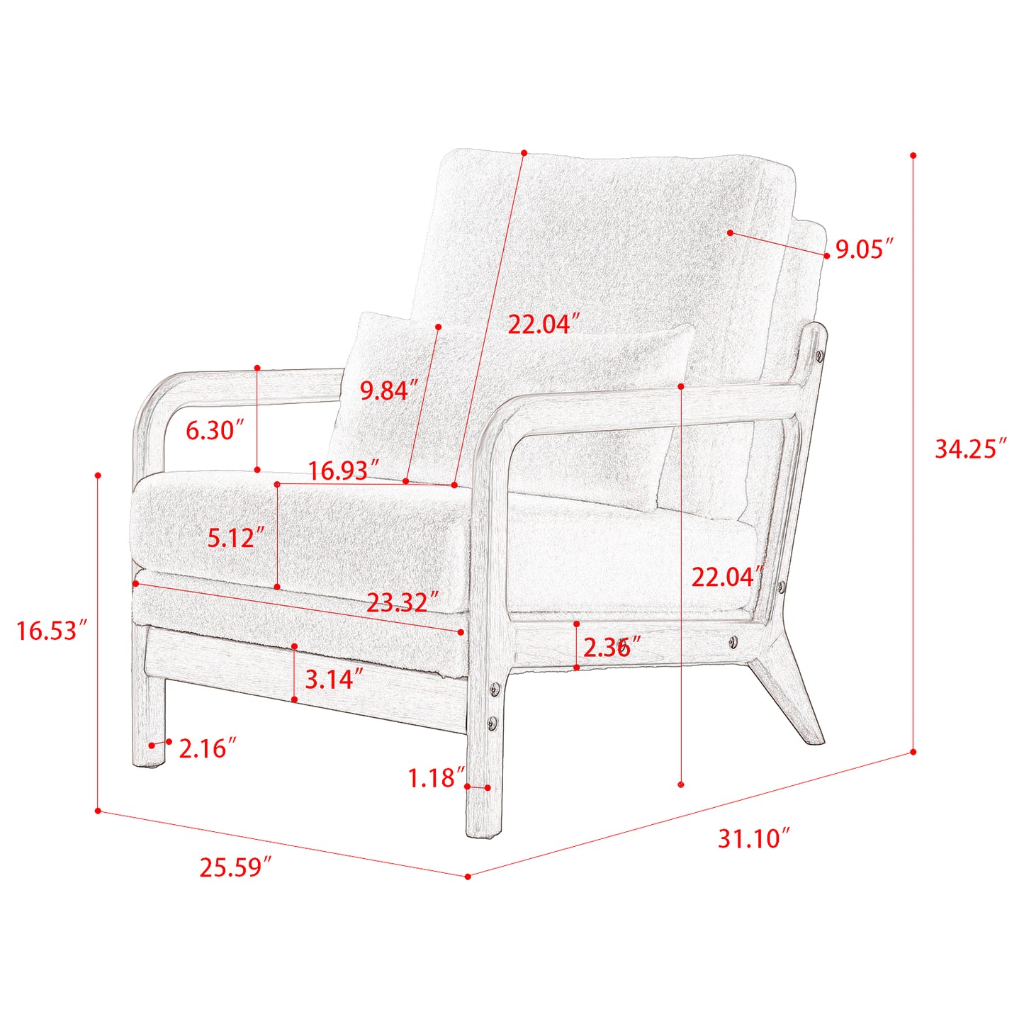 （缺货）Modern Teddy Fabric Accent Chair, Oak Wood Frame Armchair for Living Room