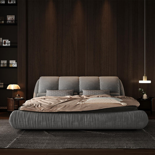 （缺货）King Size Upholstered Platform Bed with Oversized Padded Backrest, Thickening Pinewooden Slats and Solid Wood Leg,Grey