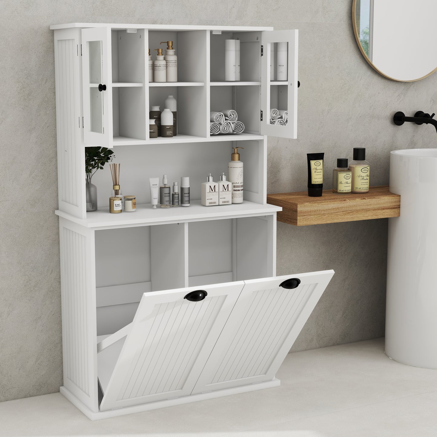 Two-Compartment Tilt-Out Dirty Laundry Basket Tall Bathroom Cabinet with 2 Adjustable Shelves-White