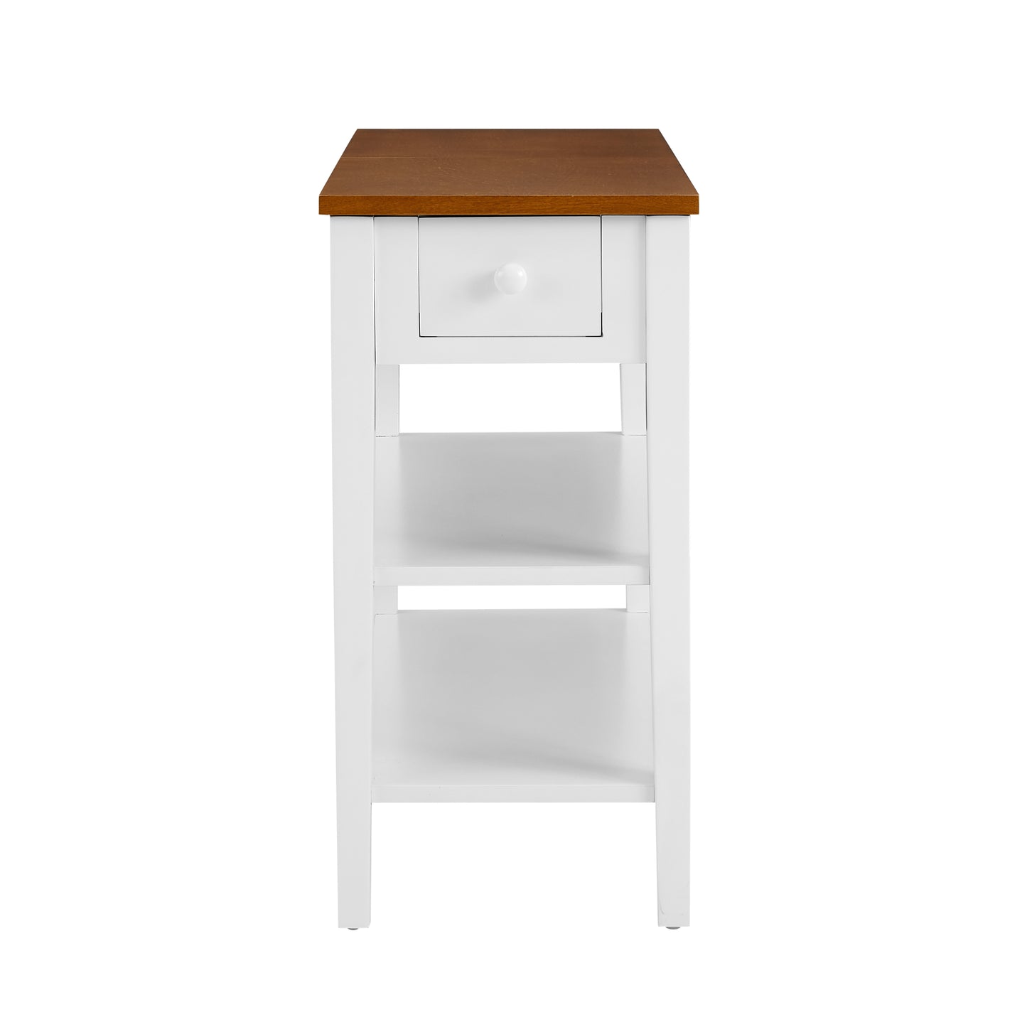 Narrow 2-tone End Table with USB Charging Ports for Small Space, SOLID WOOD Table Legs, White and Walnut, 11.8"W*24"D*24.2"H