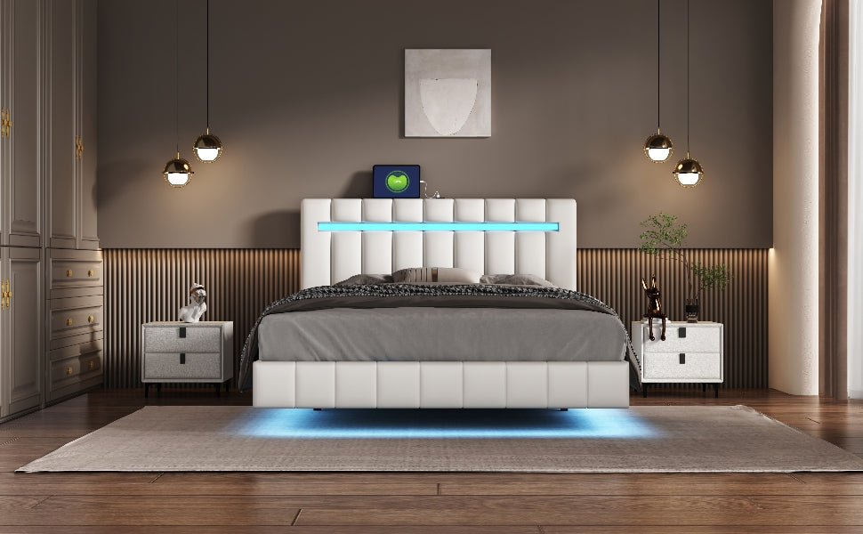 Queen Size Floating Bed Frame with LED Lights and USB Charging,Modern Upholstered Platform LED Bed Frame, White