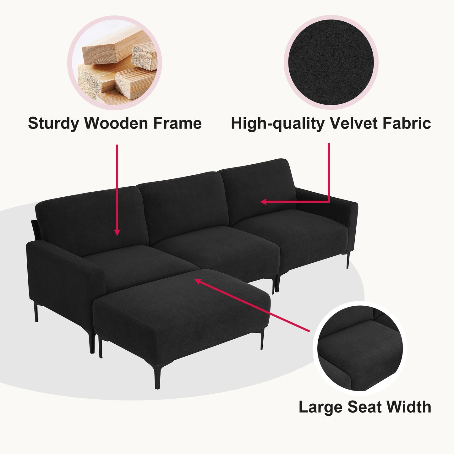 103.5*59" Modern L-shaped Sectional Sofa, 4-seat Velvet Fabric Couch Set with Convertible Ottoman,Freely Combinable Sofa for Living Room, Apartment, Office,Apartment