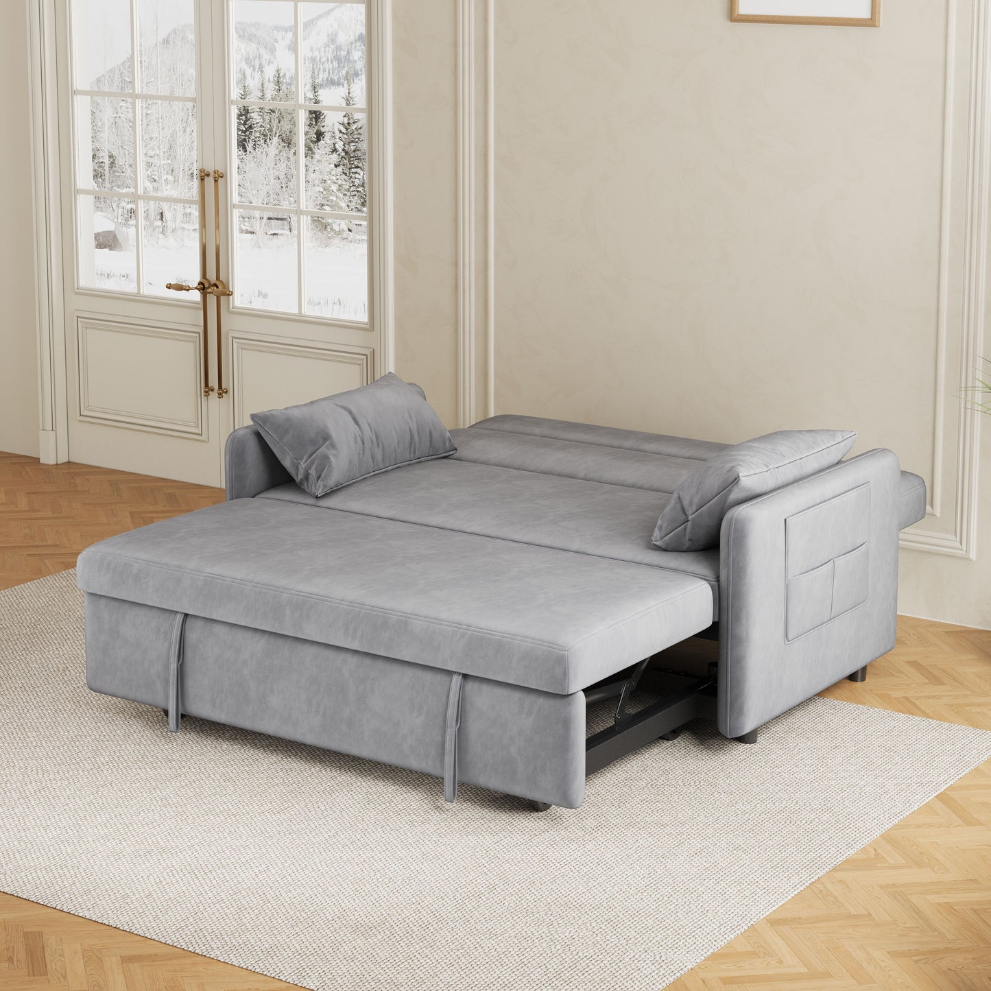 （缺货）Sofa Pull Out Bed Included Two Pillows 54" Grey Velvet Sofa for Small Spaces