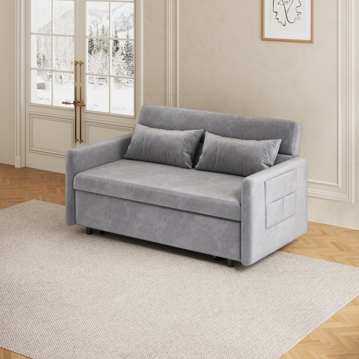 （缺货）Sofa Pull Out Bed Included Two Pillows 54" Grey Velvet Sofa for Small Spaces