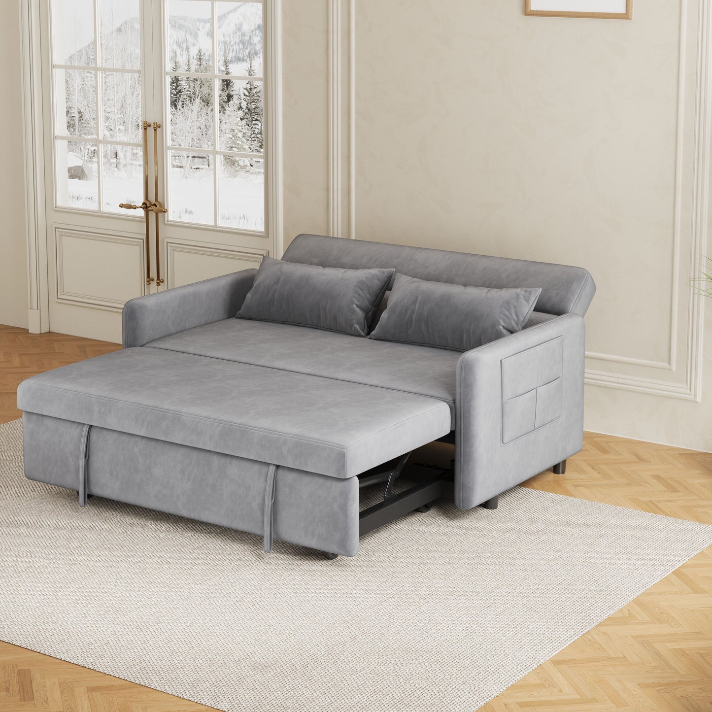 （缺货）Sofa Pull Out Bed Included Two Pillows 54" Grey Velvet Sofa for Small Spaces