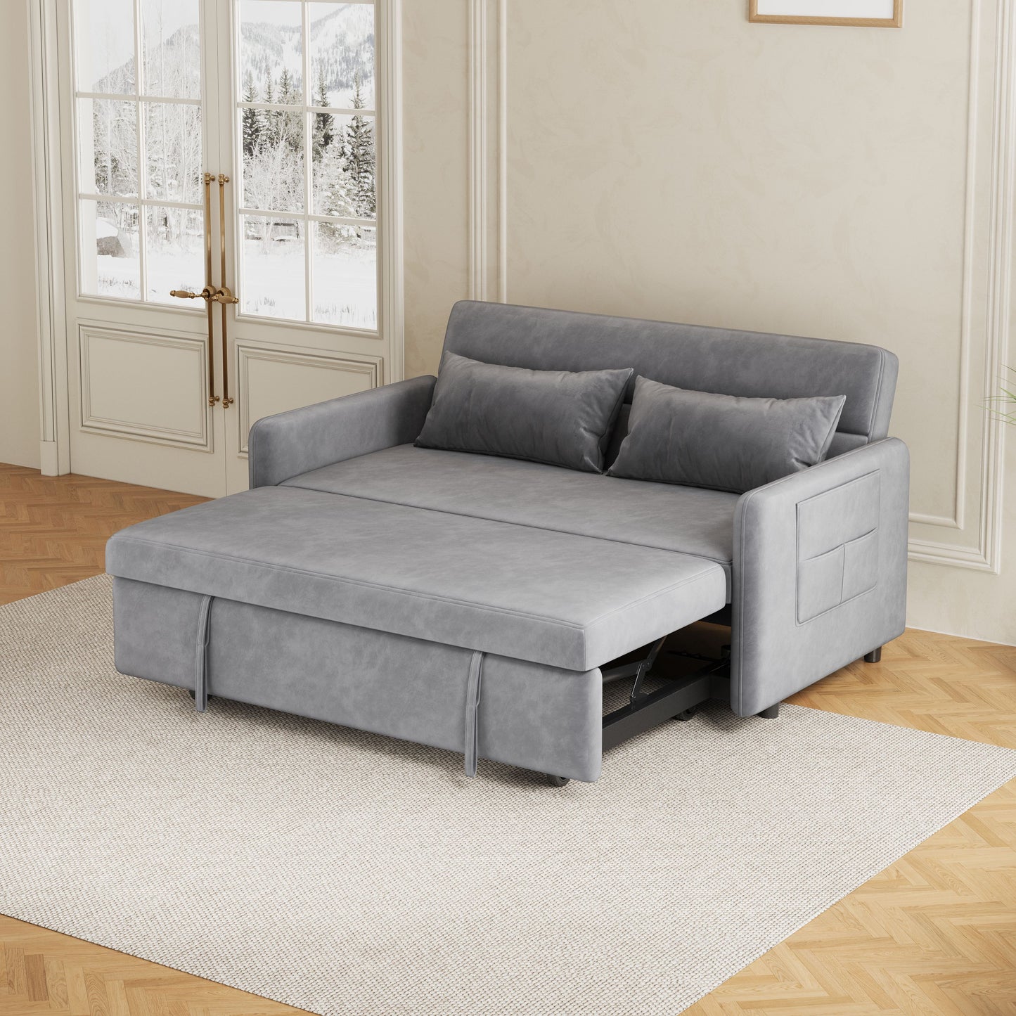 （缺货）Sofa Pull Out Bed Included Two Pillows 54" Grey Velvet Sofa for Small Spaces