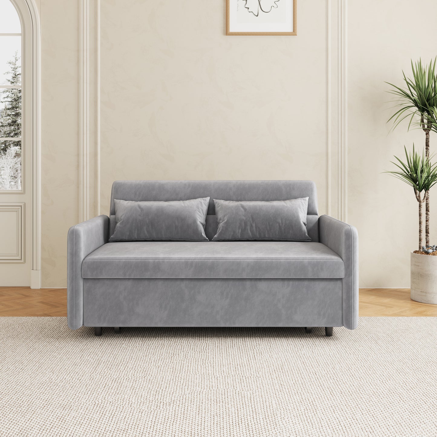 （缺货）Sofa Pull Out Bed Included Two Pillows 54" Grey Velvet Sofa for Small Spaces