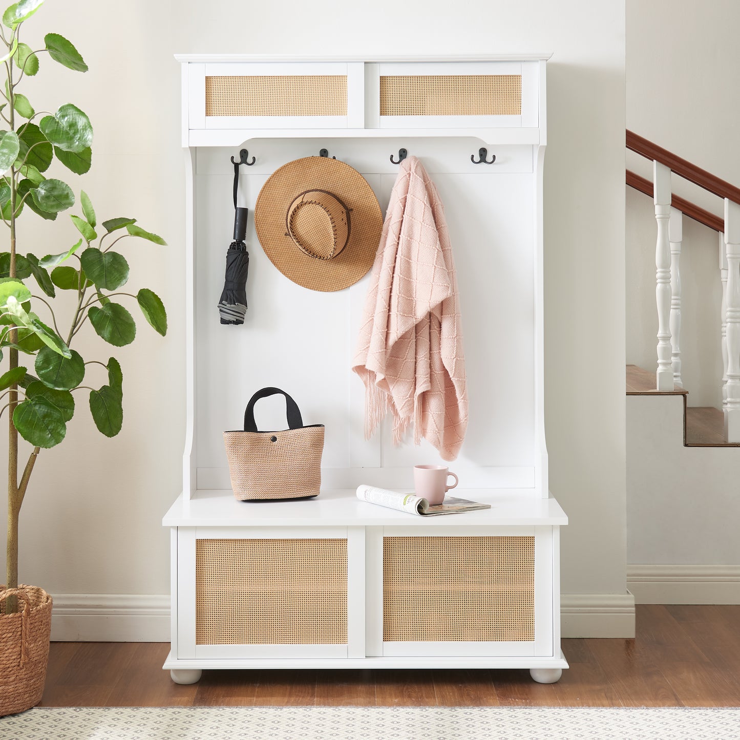 Casual Style Hall Tree Entryway Bench with Rattan Door Shelves and Shoe Cabinets, SOLID WOOD Feet, White, 40.16"W*18.58"D*64.17"H