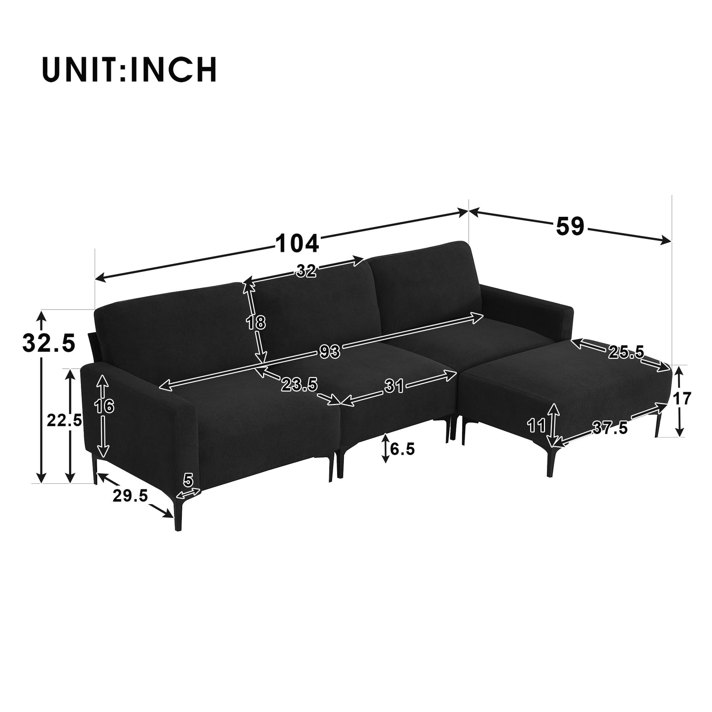 103.5*59" Modern L-shaped Sectional Sofa, 4-seat Velvet Fabric Couch Set with Convertible Ottoman,Freely Combinable Sofa for Living Room, Apartment, Office,Apartment