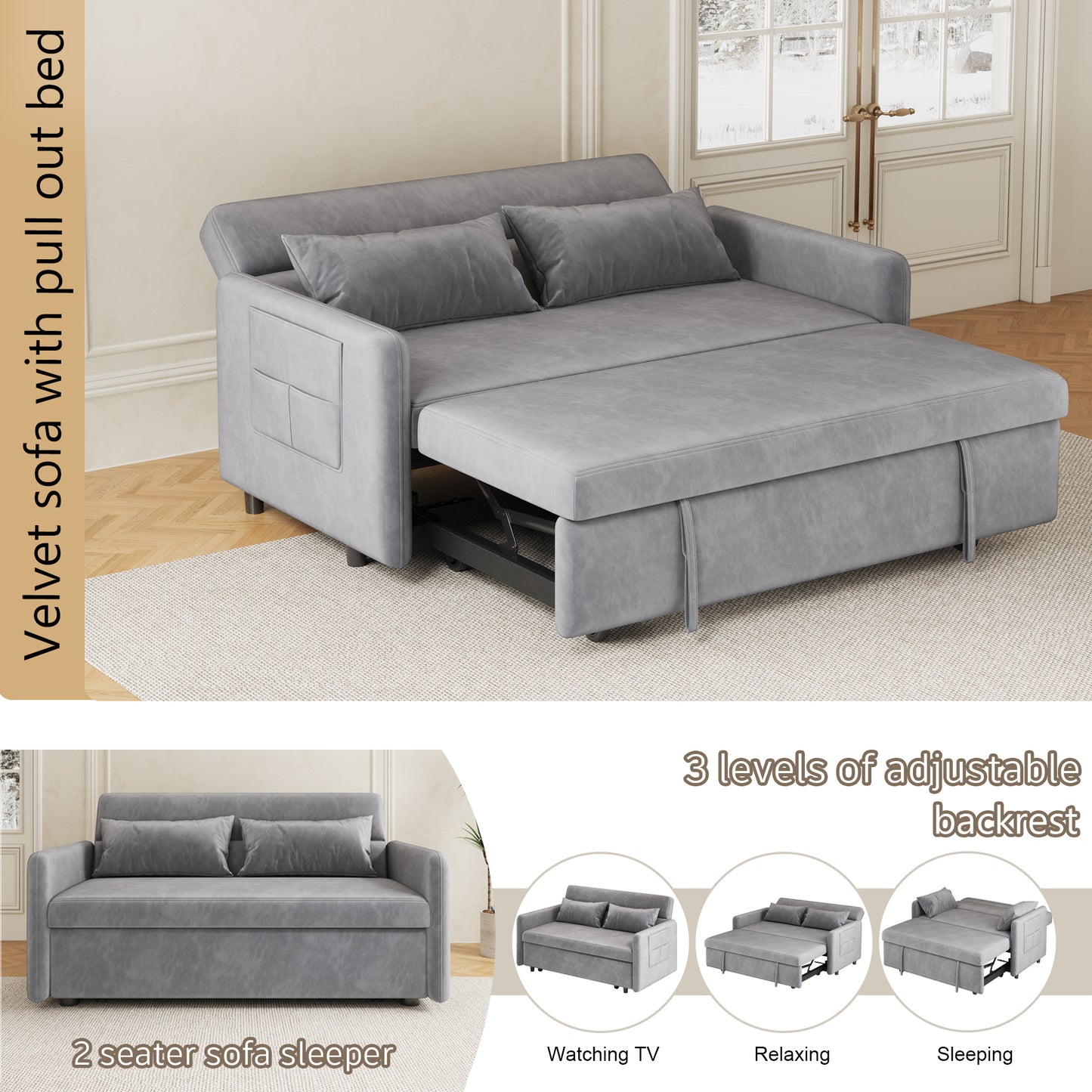 （缺货）Sofa Pull Out Bed Included Two Pillows 54" Grey Velvet Sofa for Small Spaces