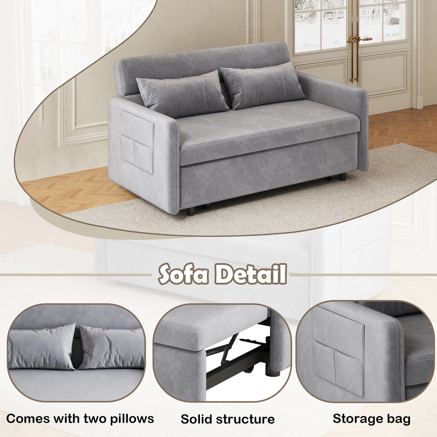 （缺货）Sofa Pull Out Bed Included Two Pillows 54" Grey Velvet Sofa for Small Spaces