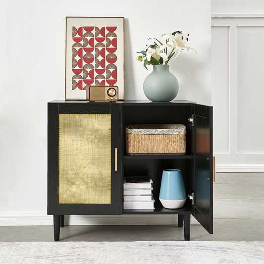 Side panel buffet cabinet with natural rattan door, rattan storage cabinet with adjustable shelves, side panel and buffet with storage space, modern console cabinet in bedroom and living room