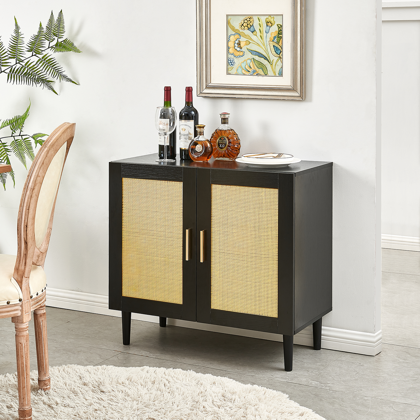 Side panel buffet cabinet with natural rattan door, rattan storage cabinet with adjustable shelves, side panel and buffet with storage space, modern console cabinet in bedroom and living room